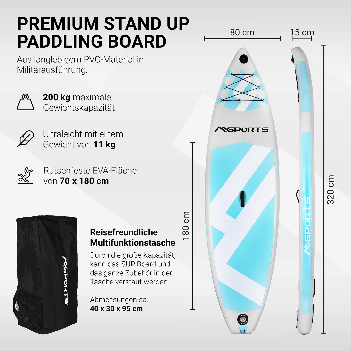 MSPORTS Stand Up Paddle Board Aufblasbar Komplettes Paddleboard Zubehör Verstellbares Paddel, hochwertige Pumpe + 2X Paddelstock + wasserdichte Smartphone Tasche + Multifunktionstasche