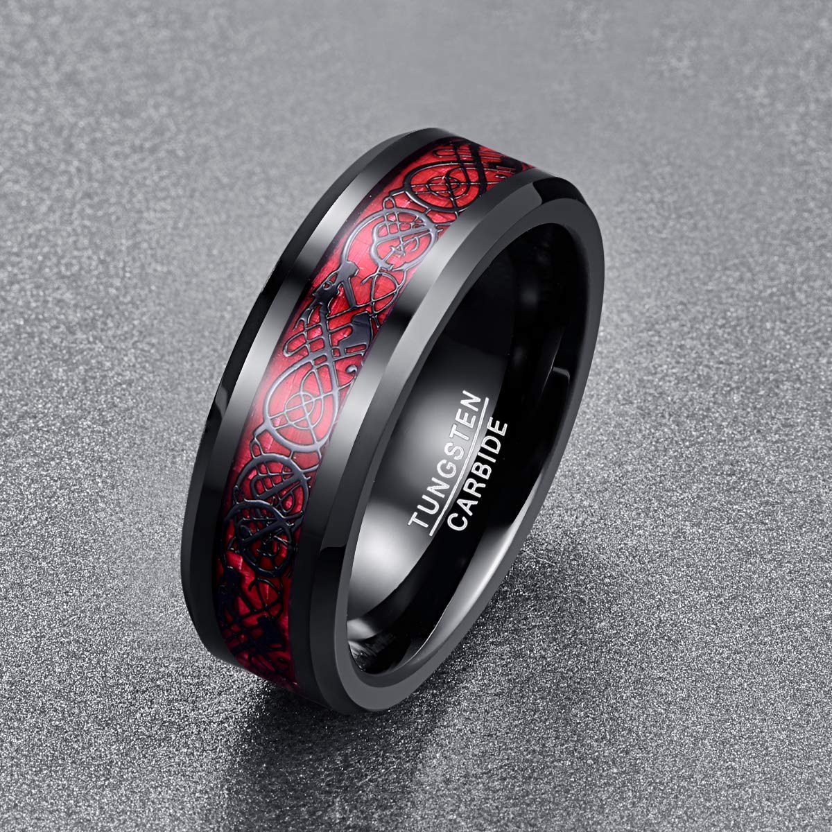 NUNCAD Schwarz Ring Wolfram Partner Ring Herren Damen 8mm Keltische Drachen Ring mit Kohlefasern Blau/Grün/Rot/Rosegold Größe 49.3-72(15.7-22.9)