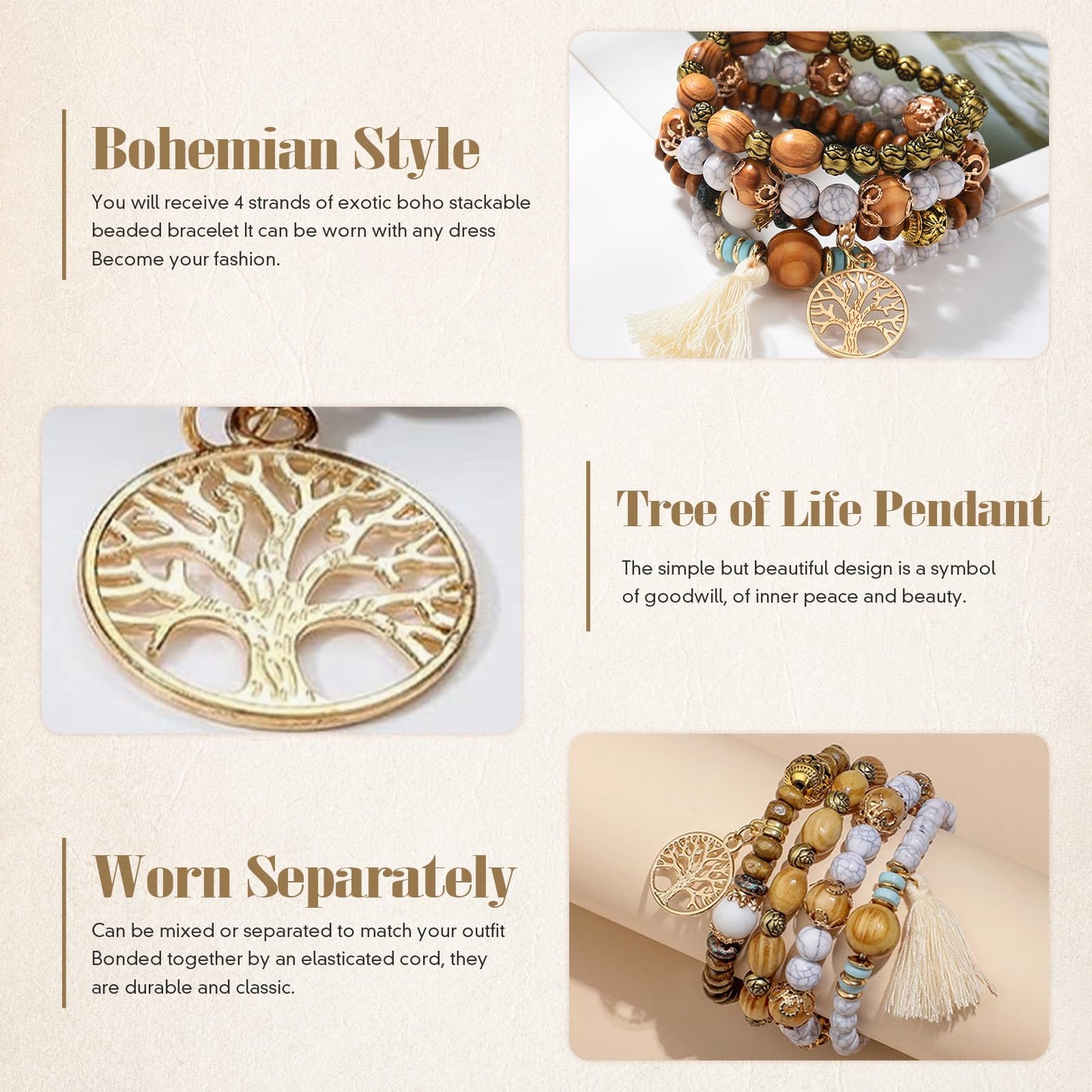 Sternstunde 4 Stück Boho Armbänder Damen, Chakra Armband für Frauen, Schmuck Boho Armreifen mit Holzperlen und Quaste, Chakra Armband, Lebensbaum-Charm, Liebe, Statement-Armreifen