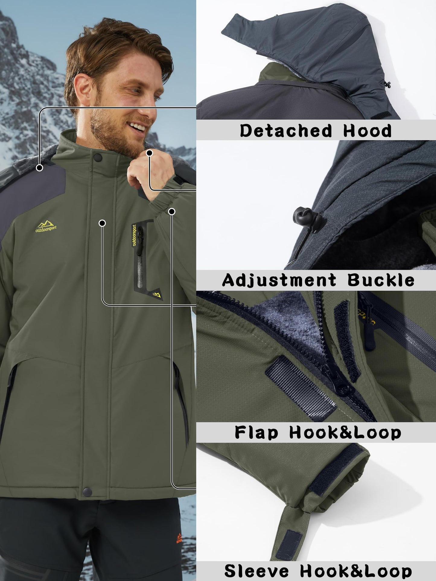 KEFITEVD Herren Skijacke Atmungsaktiv Warm Gefüttert Winterjacke mit Abnehmbarer Kapuze Snowboardjacke Wasserdicht Outdoorjacke