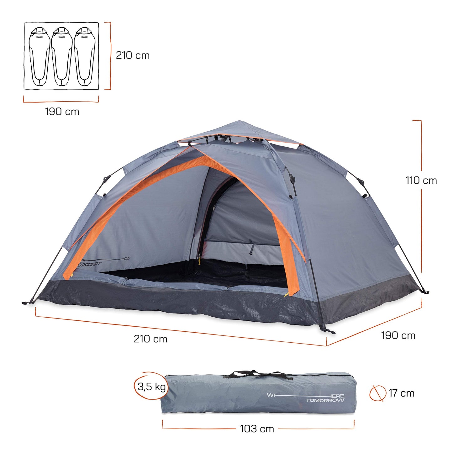 Lumaland Camping Zelt | Leichtes Pop Up Wurfzelt | 2-3 Personen Kuppelzelt | Trekking & Festival Igluzelt | Sekundenzelt Wasserdicht 210x190x110cm | Wind- & Sonnenschutz | Mit 1 & 2 Eingängen