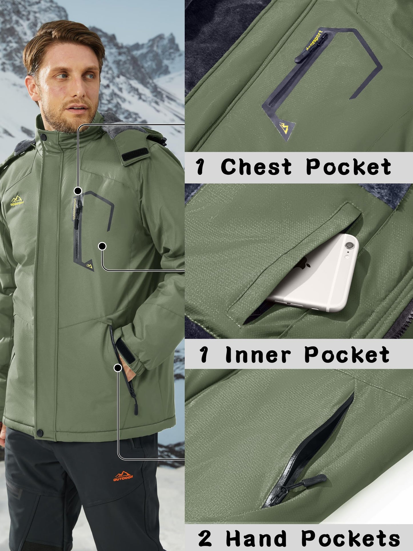 KEFITEVD Herren Skijacke Atmungsaktiv Warm Gefüttert Winterjacke mit Abnehmbarer Kapuze Snowboardjacke Wasserdicht Outdoorjacke