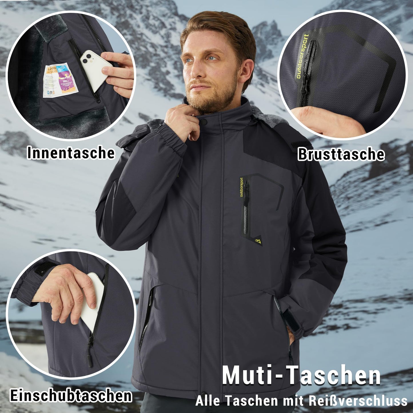 KEFITEVD Herren Skijacke Atmungsaktiv Warm Gefüttert Winterjacke mit Abnehmbarer Kapuze Snowboardjacke Wasserdicht Outdoorjacke