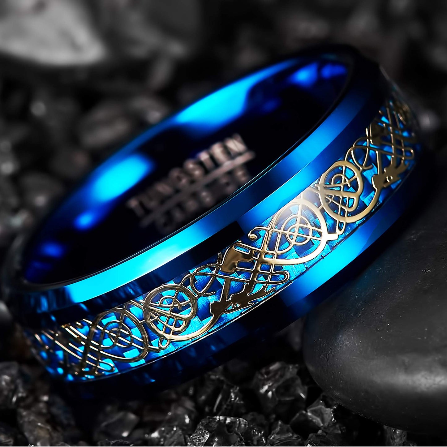 NUNCAD Schwarz Ring Wolfram Partner Ring Herren Damen 8mm Keltische Drachen Ring mit Kohlefasern Blau/Grün/Rot/Rosegold Größe 49.3-72(15.7-22.9)
