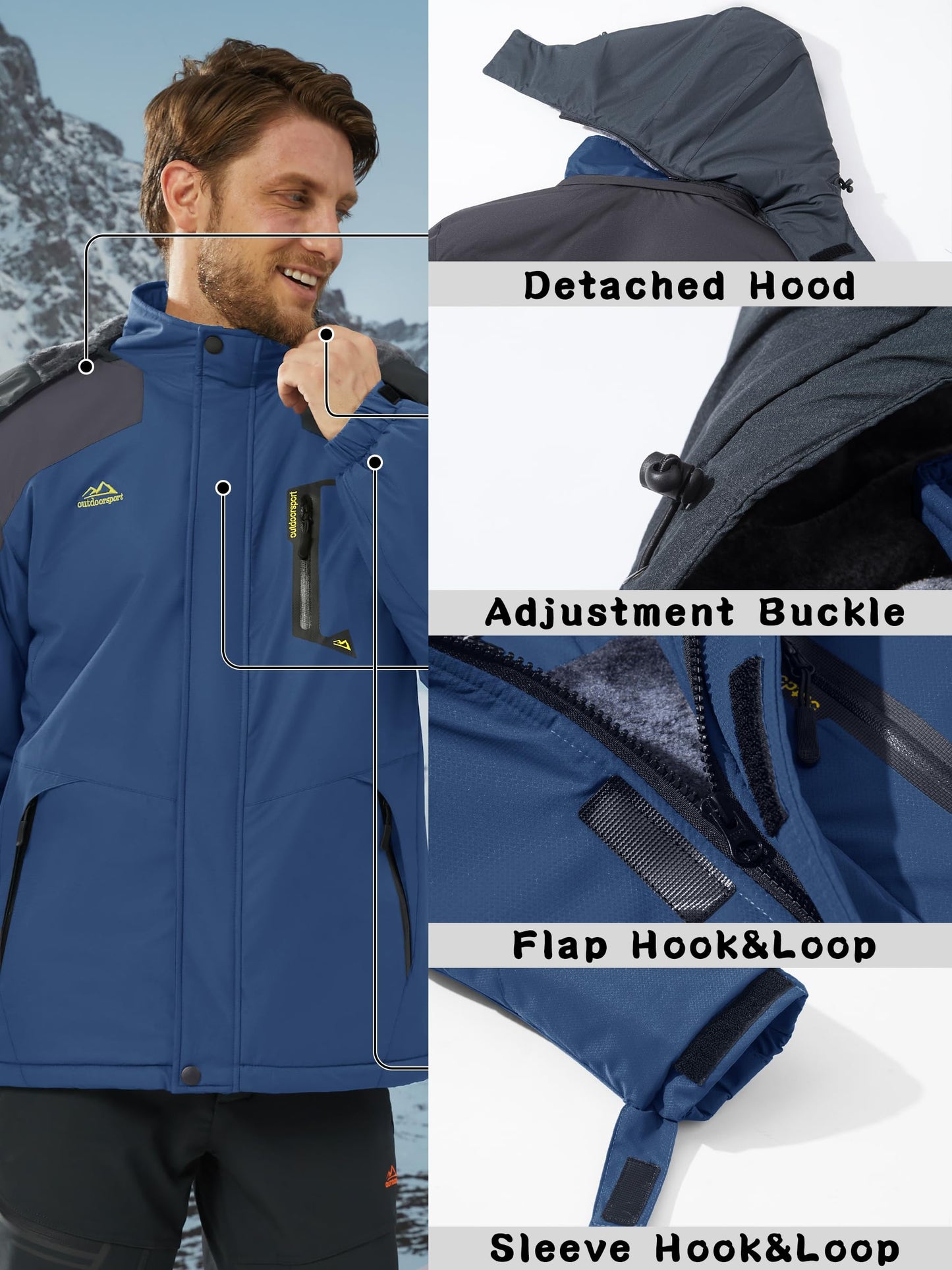 KEFITEVD Herren Skijacke Atmungsaktiv Warm Gefüttert Winterjacke mit Abnehmbarer Kapuze Snowboardjacke Wasserdicht Outdoorjacke