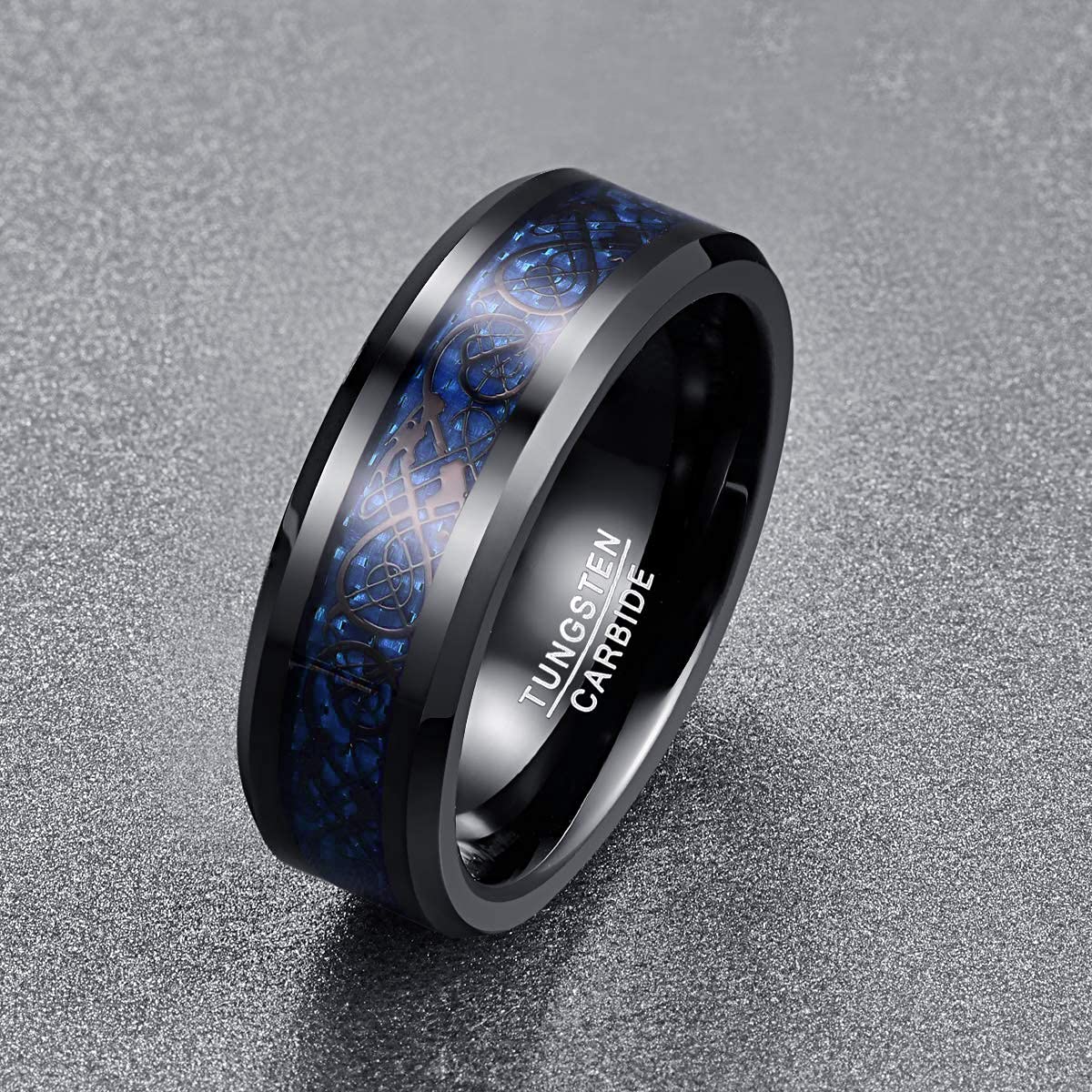 NUNCAD Schwarz Ring Wolfram Partner Ring Herren Damen 8mm Keltische Drachen Ring mit Kohlefasern Blau/Grün/Rot/Rosegold Größe 49.3-72(15.7-22.9)