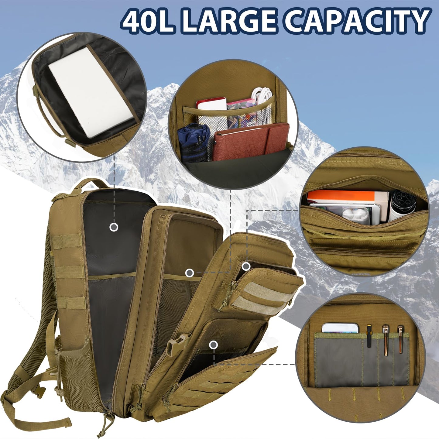 1.ELB Adventure YOREPEK Großer Militär Rucksack Herren, 40L Outdoor Armee Wasserdicht Taktischer Bundeswehr Rucksäcke Molle Assault Survival Tactical Travel Backpack für Camping Trekking Wandern Reise Arbeit, Schwarz