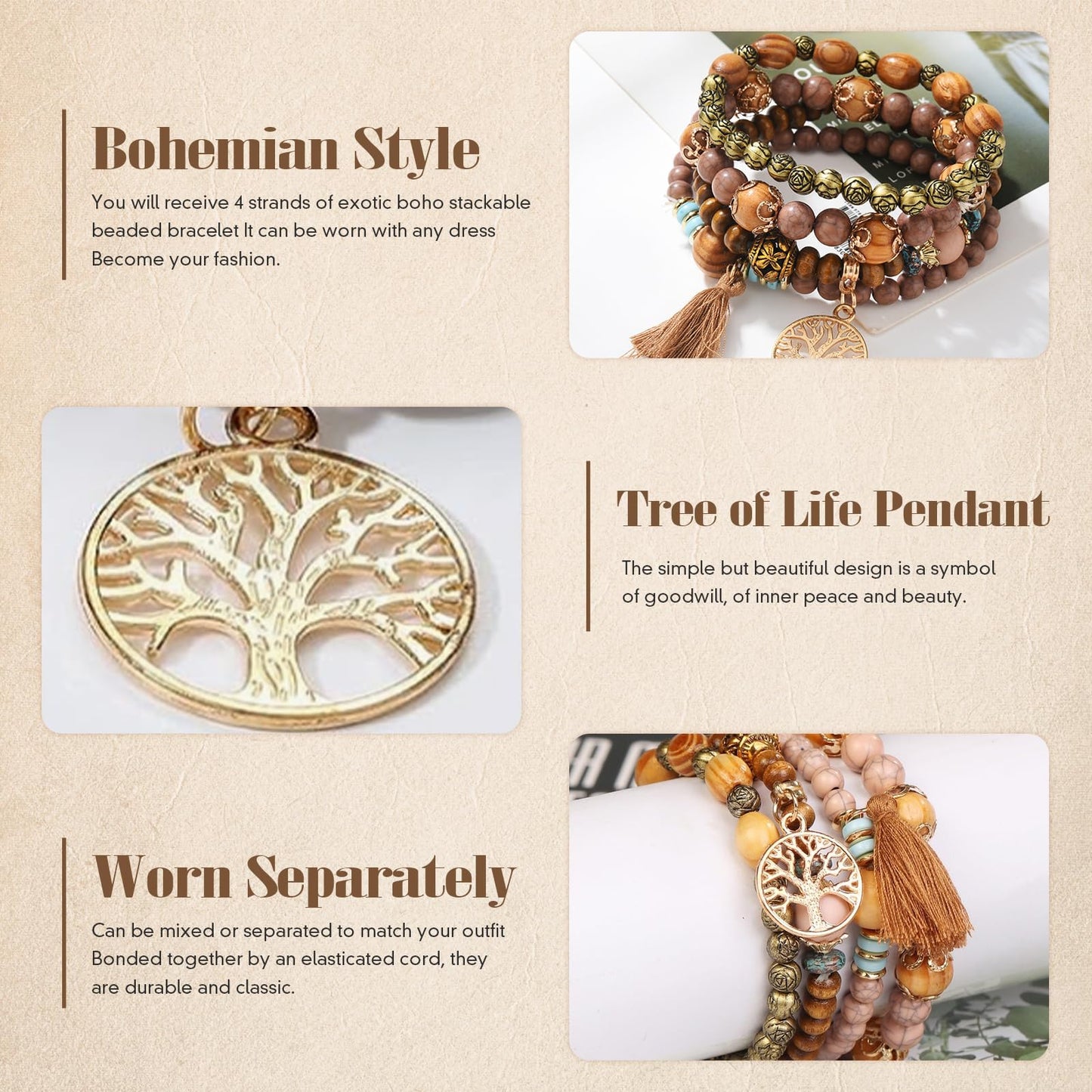 Sternstunde 4 Stück Boho Armbänder Damen, Chakra Armband für Frauen, Schmuck Boho Armreifen mit Holzperlen und Quaste, Chakra Armband, Lebensbaum-Charm, Liebe, Statement-Armreifen