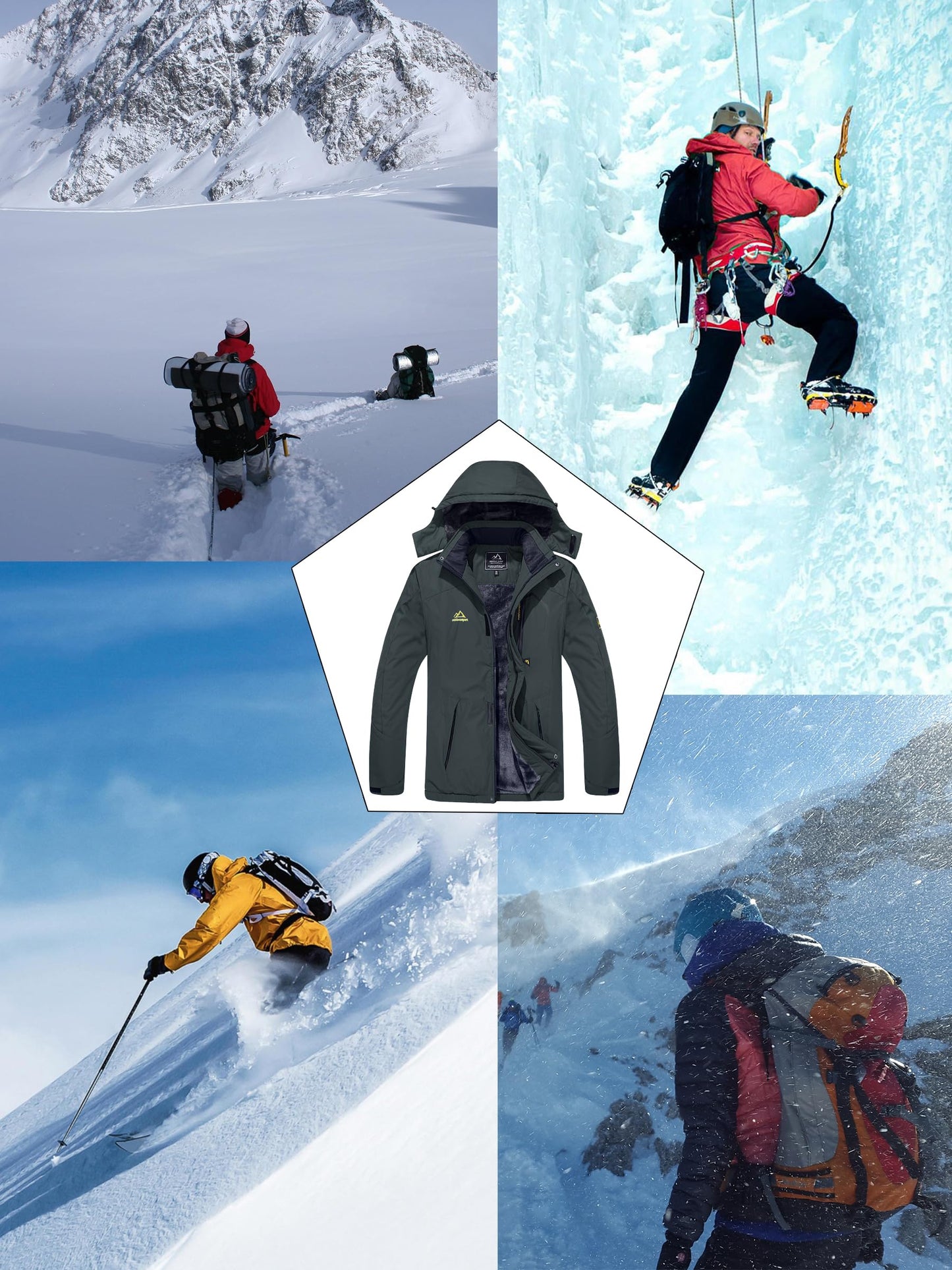 KEFITEVD Herren Skijacke Atmungsaktiv Warm Gefüttert Winterjacke mit Abnehmbarer Kapuze Snowboardjacke Wasserdicht Outdoorjacke