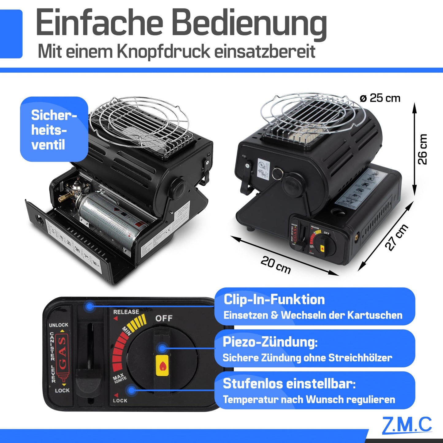 Z.M.C 2-in-1 Tragbare Keramik Gasheizung und Gaskocher 1,3 kW, mit LPG Anschluss + 4 Gaskartuschen, Campingkocher mit Piezozündung, Camping Heizung, Gasheizer für Indoor, Outdoor, Zelten Wohnwagen