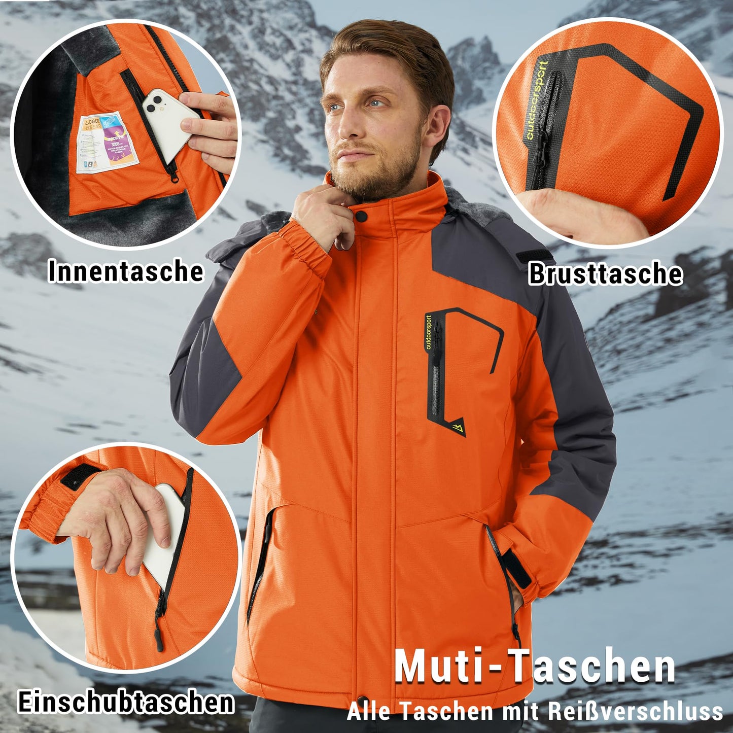KEFITEVD Herren Skijacke Atmungsaktiv Warm Gefüttert Winterjacke mit Abnehmbarer Kapuze Snowboardjacke Wasserdicht Outdoorjacke