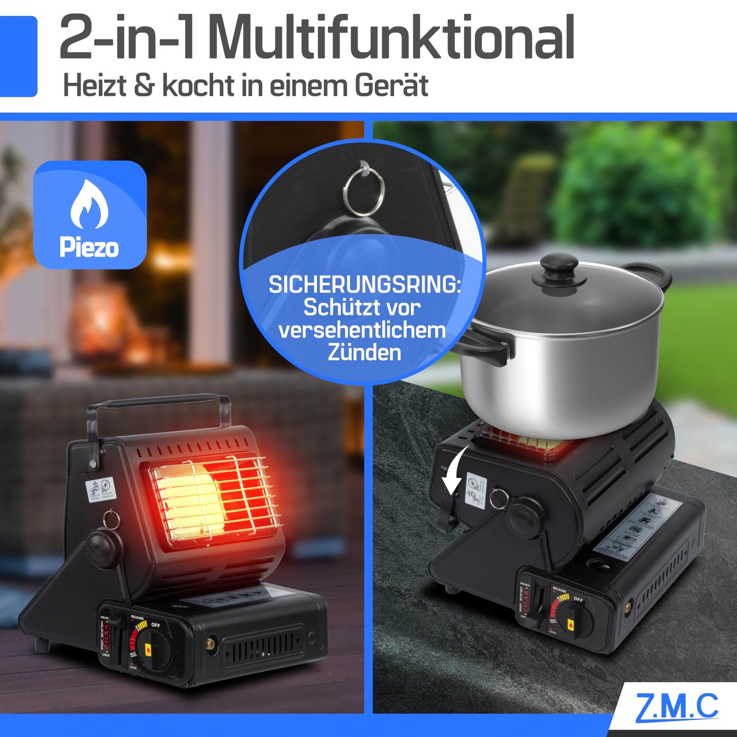 Z.M.C 2-in-1 Tragbare Keramik Gasheizung und Gaskocher 1,3 kW, mit LPG Anschluss + 4 Gaskartuschen, Campingkocher mit Piezozündung, Camping Heizung, Gasheizer für Indoor, Outdoor, Zelten Wohnwagen