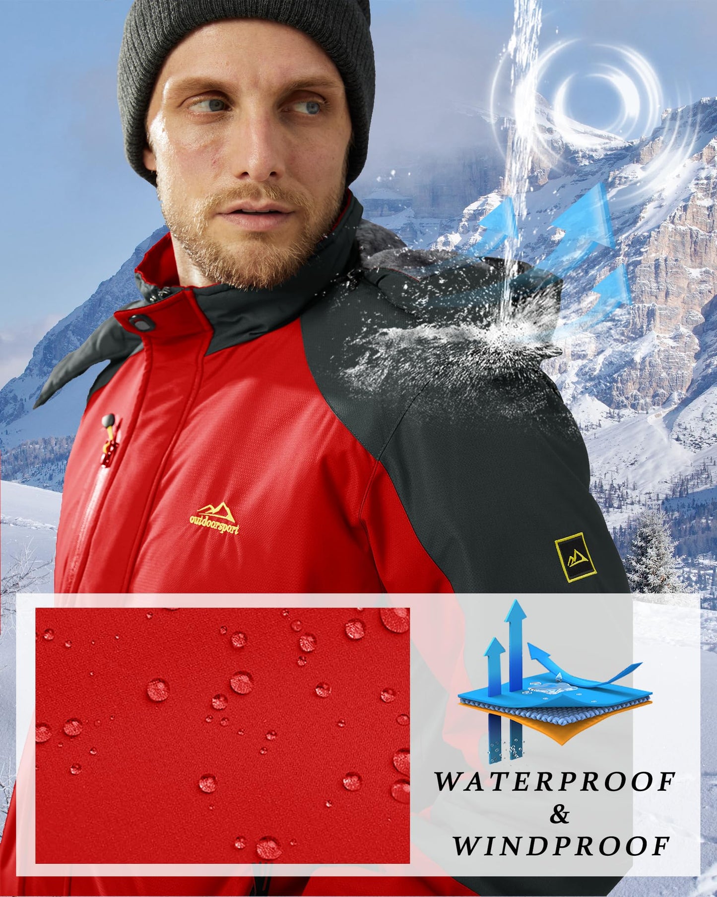 KEFITEVD Snowboardjacke Herren Warm Gefüttert Skijacke Wasserdicht Softshell Jacke mit Kapuze Fleece Winterjacke Atmungsaktiv Funktionsjacke