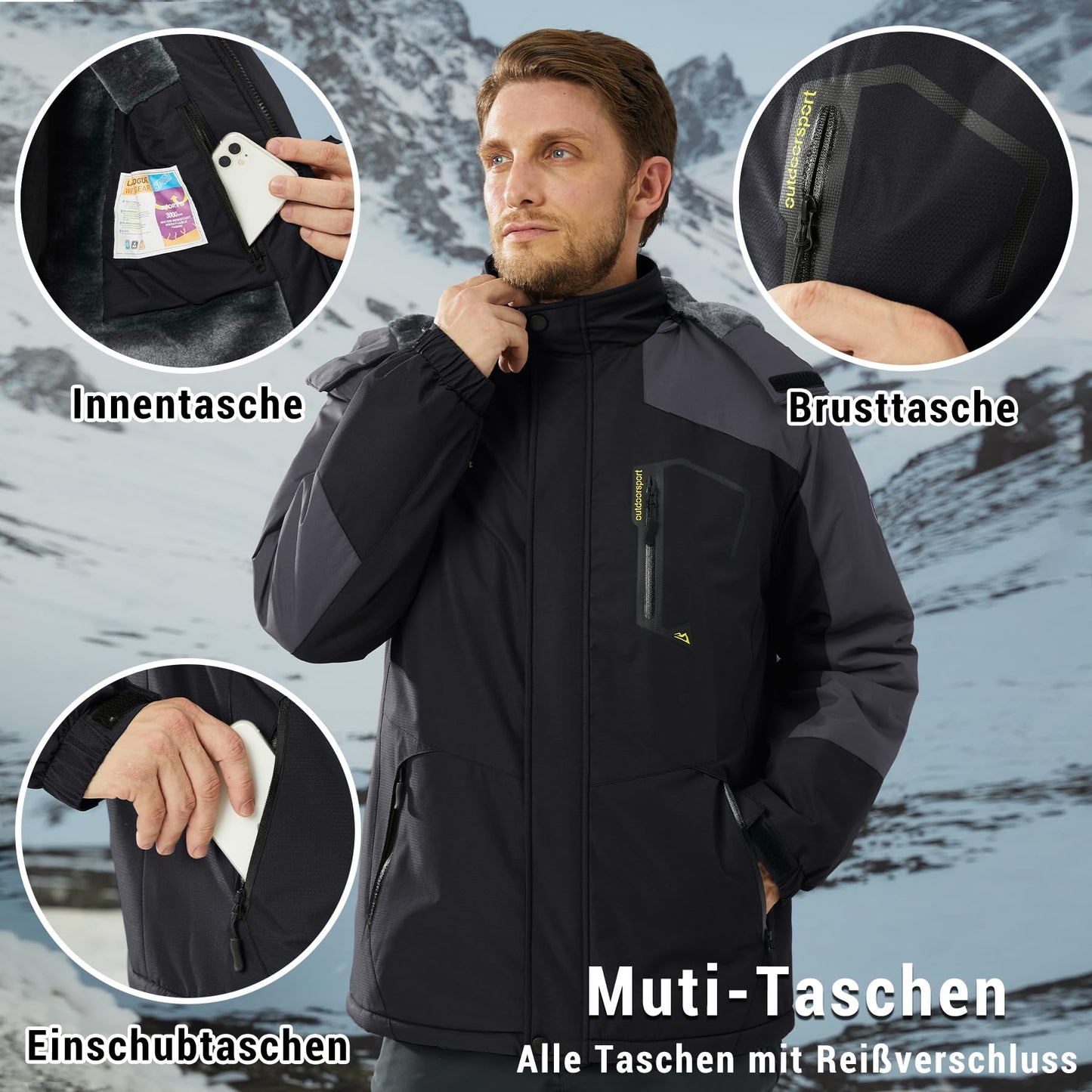 KEFITEVD Herren Skijacke Atmungsaktiv Warm Gefüttert Winterjacke mit Abnehmbarer Kapuze Snowboardjacke Wasserdicht Outdoorjacke