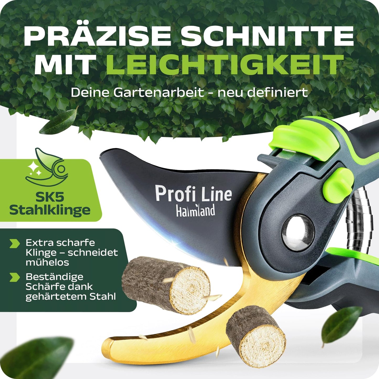 ELB halmland® Premium Gartenschere mit scharfer SK5 Stahlklinge | Astschere, Pflanzenschere | schneidet Äste bis 20mm Durchmesser | Teflon-Antihaftbeschichtung | für große & kleine Hände | Grün