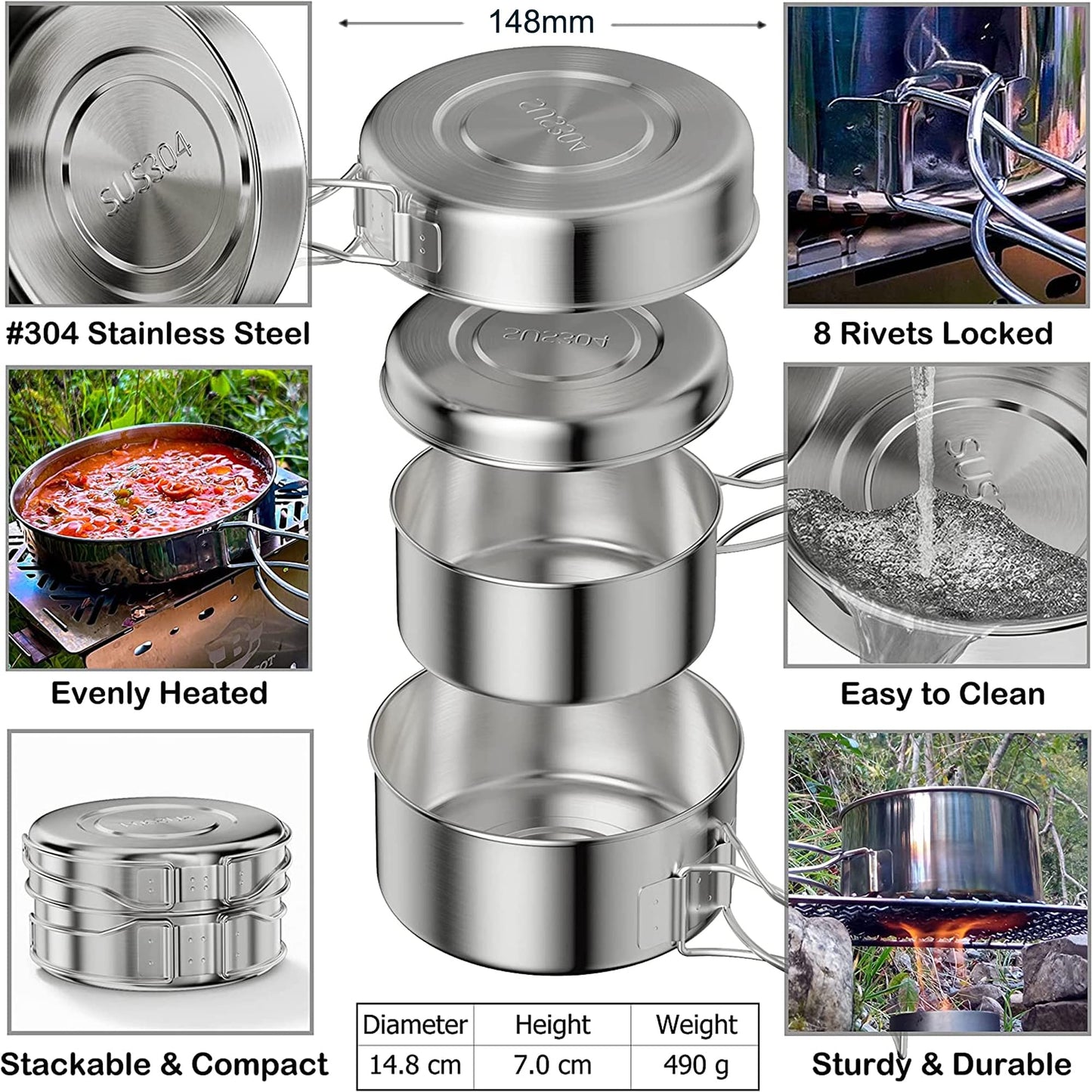 Bestargot Camping Kochgeschirr Set Kochtopf mit Pfanne,Outdoor Kochgeschirr Picknick Topf,Ultraleicht Camping Topf Pfanne Set,Camping Geschirr Set für Bushcraft