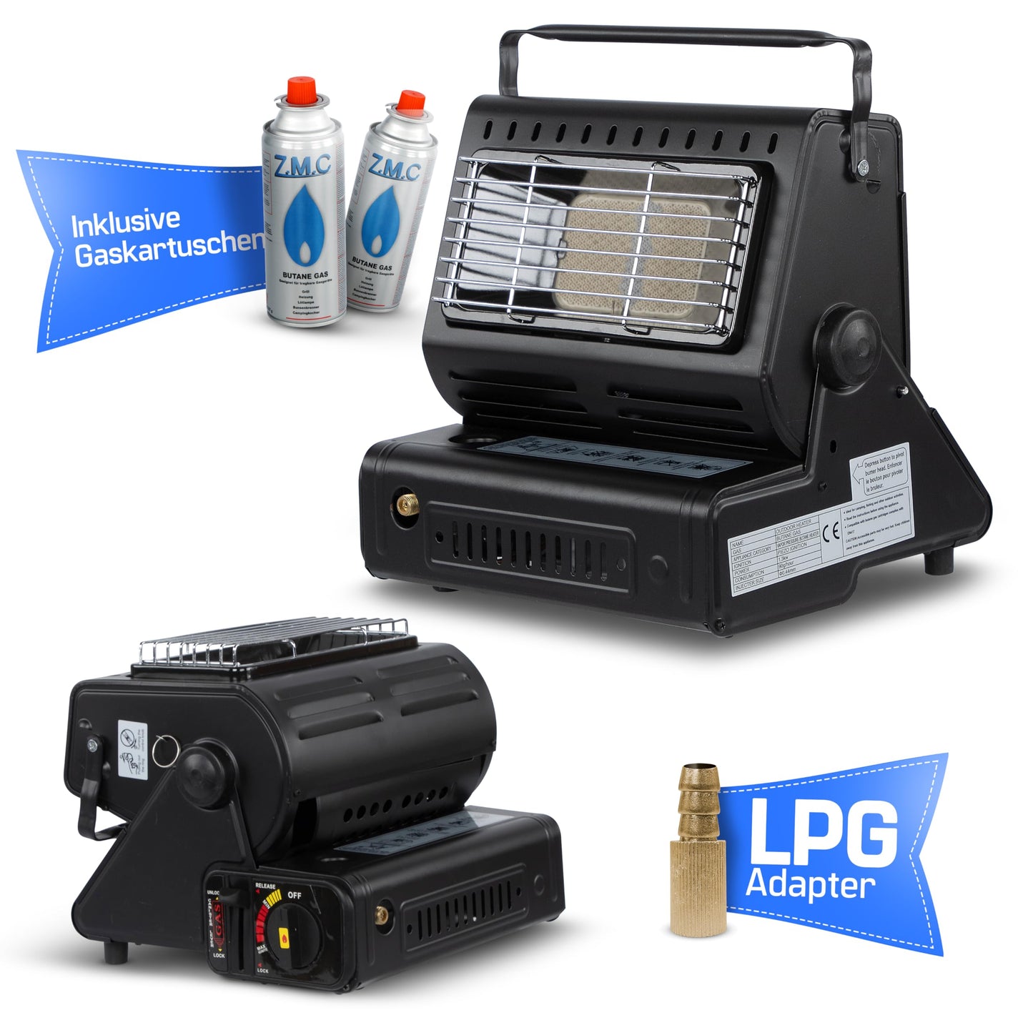 Z.M.C 2-in-1 Tragbare Keramik Gasheizung und Gaskocher 1,3 kW, mit LPG Anschluss + 4 Gaskartuschen, Campingkocher mit Piezozündung, Camping Heizung, Gasheizer für Indoor, Outdoor, Zelten Wohnwagen