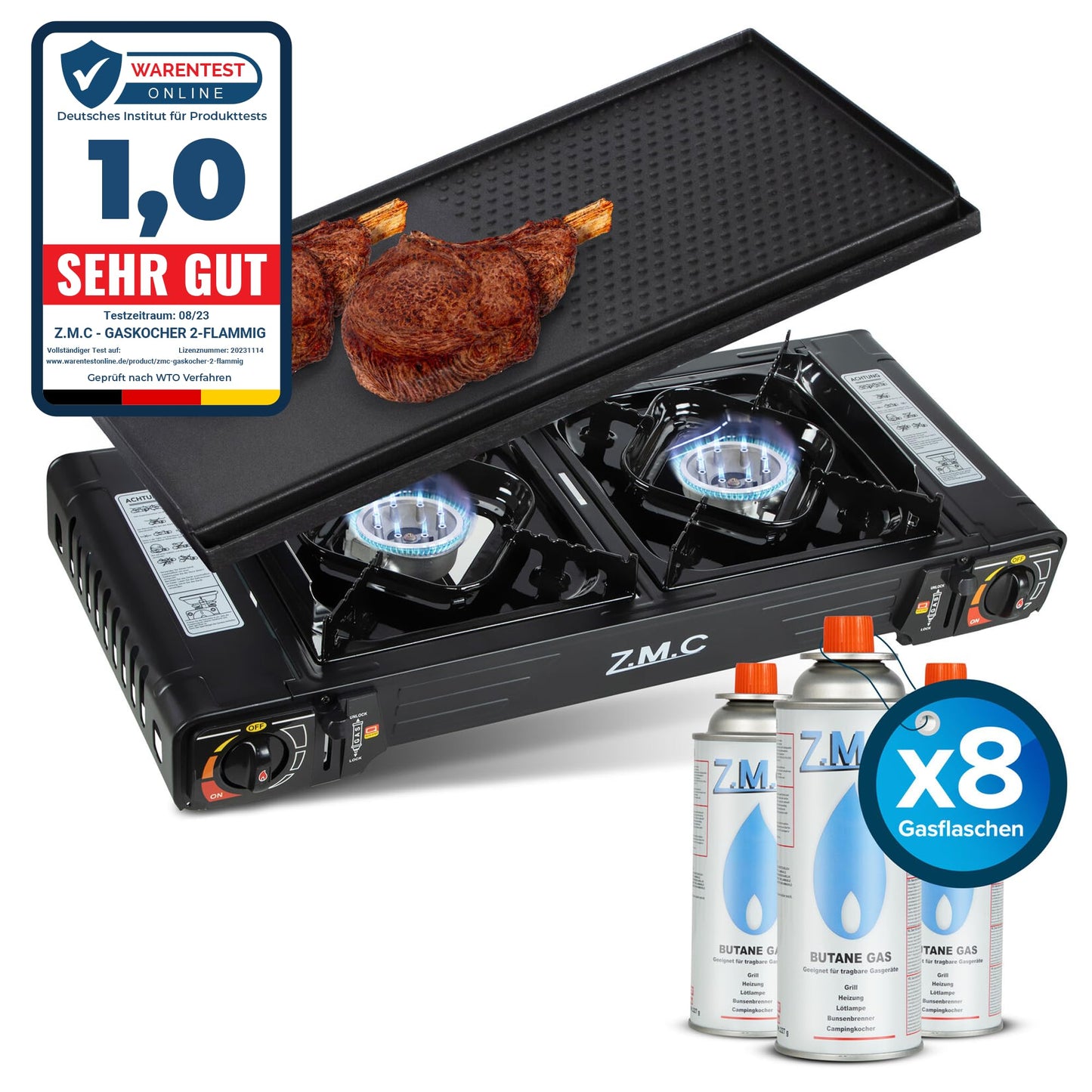Z.M.C PREMIUM Camping Gaskocher 2-flammig + Grillplatte 45x24 cm + 8 Gaskartuschen 227g, Campingkocher mit Zündsicherung für Outdoor und Innenraum, Balkon Doppelgaskocher mit Piezozündung