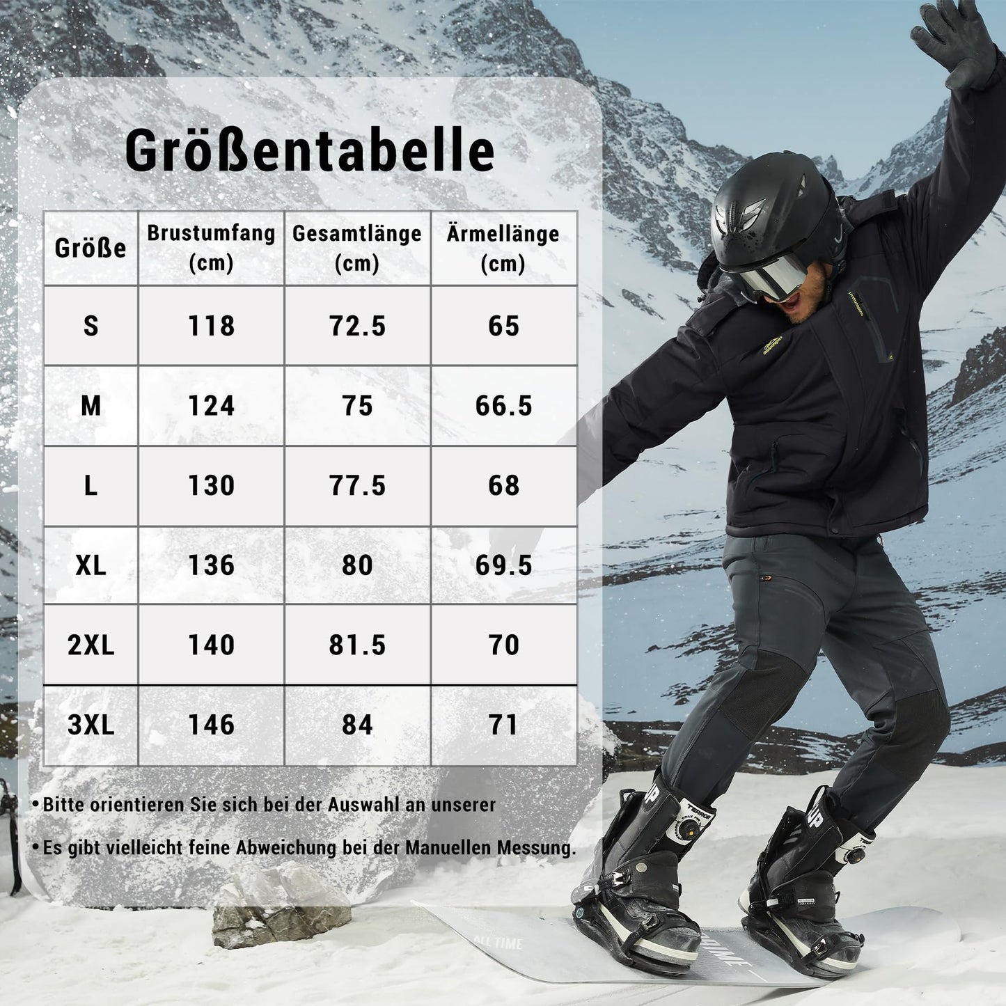 KEFITEVD Herren Skijacke Atmungsaktiv Warm Gefüttert Winterjacke mit Abnehmbarer Kapuze Snowboardjacke Wasserdicht Outdoorjacke