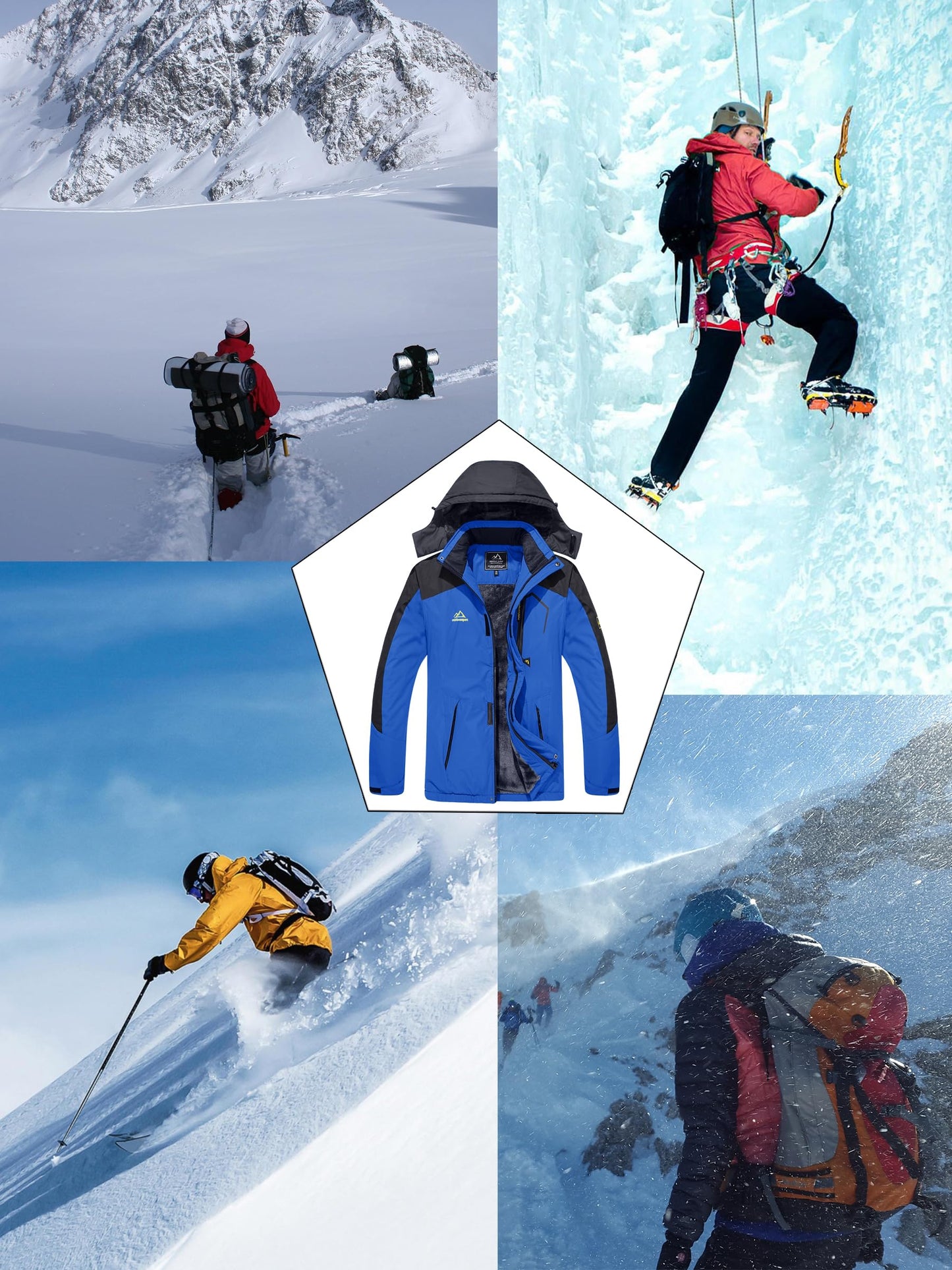 KEFITEVD Herren Skijacke Atmungsaktiv Warm Gefüttert Winterjacke mit Abnehmbarer Kapuze Snowboardjacke Wasserdicht Outdoorjacke