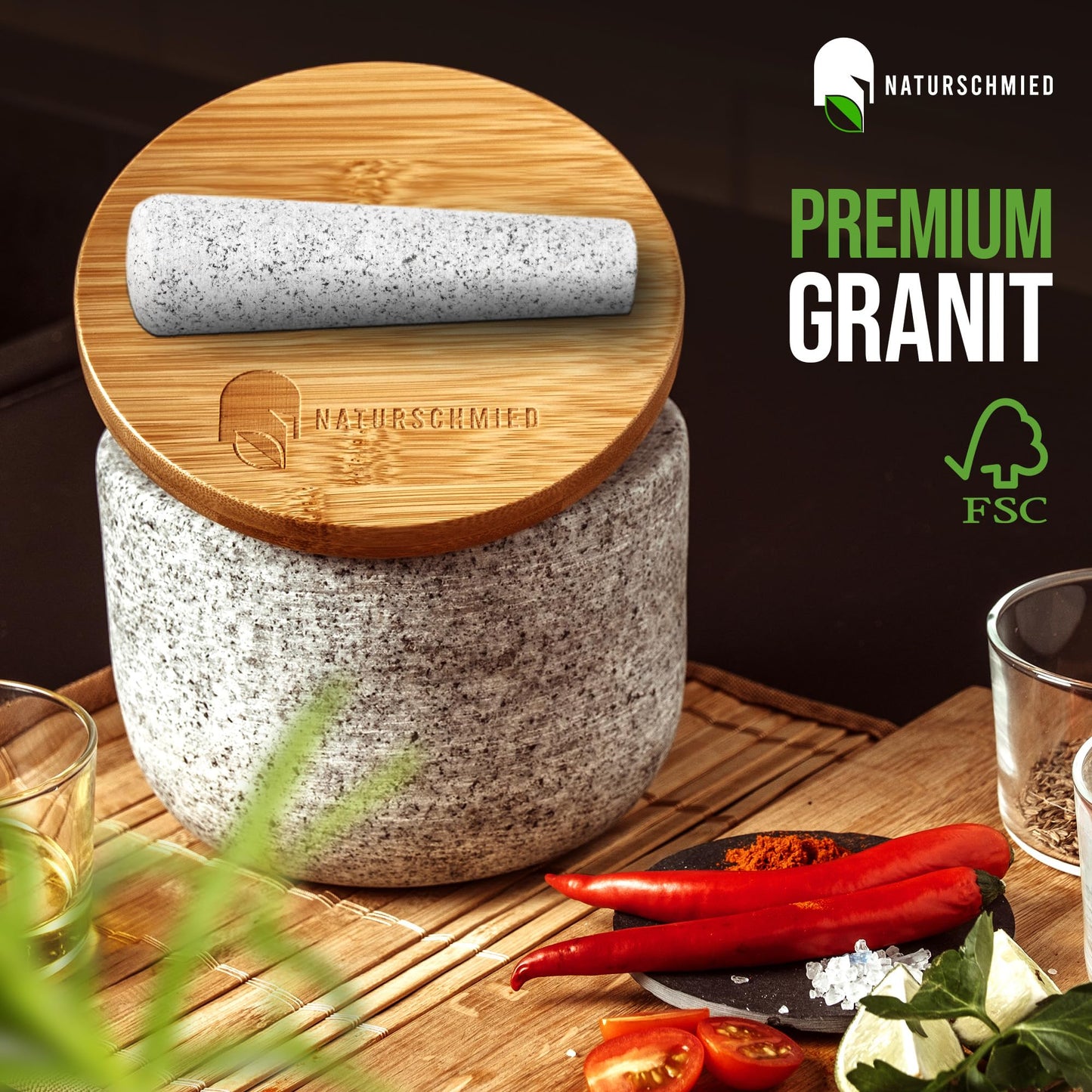 NATURSCHMIED Mörser mit Stößel & Deckel - AirProof 2.0 Verschluss + SolidStand Pad | 750 ml - Hellgrauer Premium Granit Mörser - Gewürze und Kräuter mörsern - ohne Abrieb