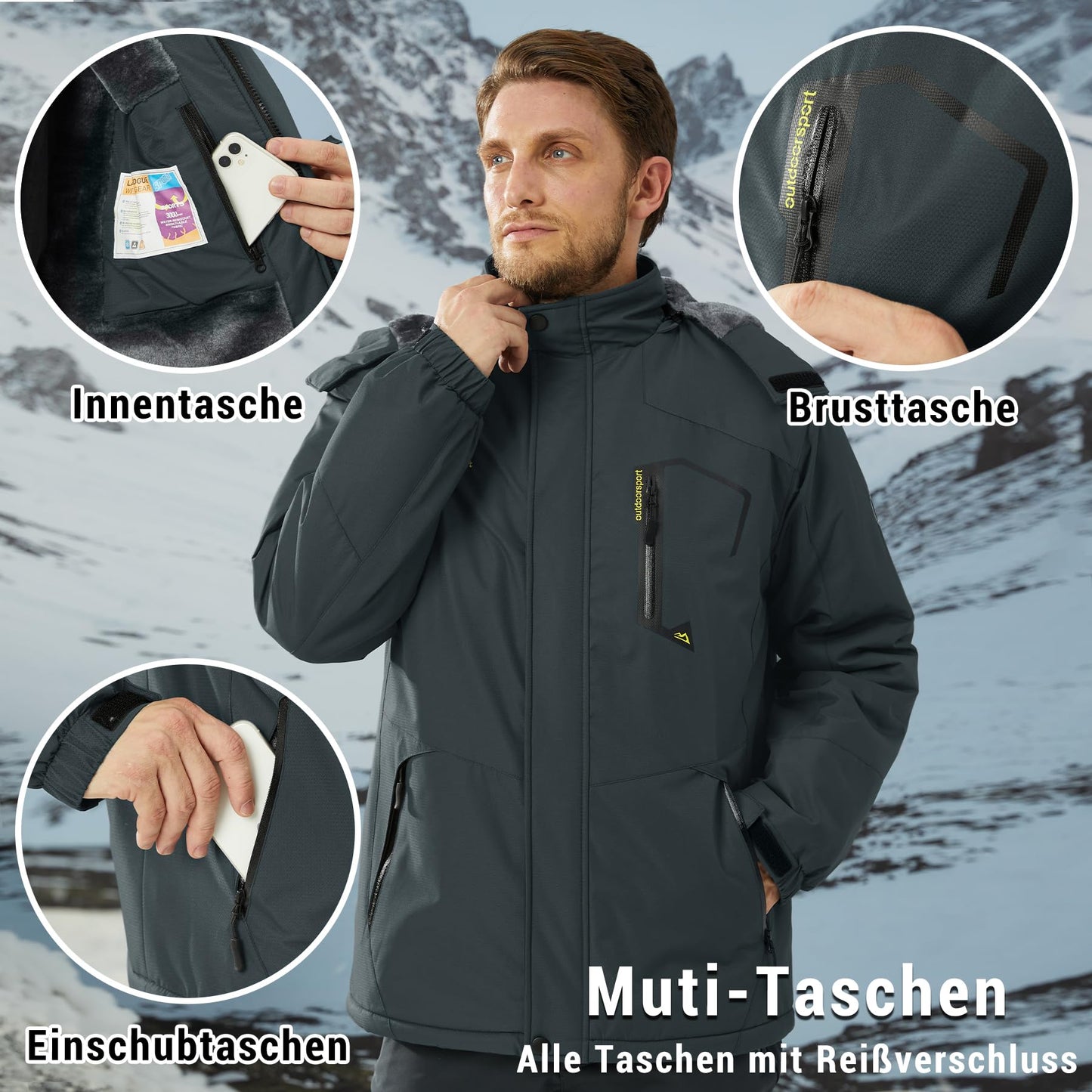 KEFITEVD Herren Skijacke Atmungsaktiv Warm Gefüttert Winterjacke mit Abnehmbarer Kapuze Snowboardjacke Wasserdicht Outdoorjacke