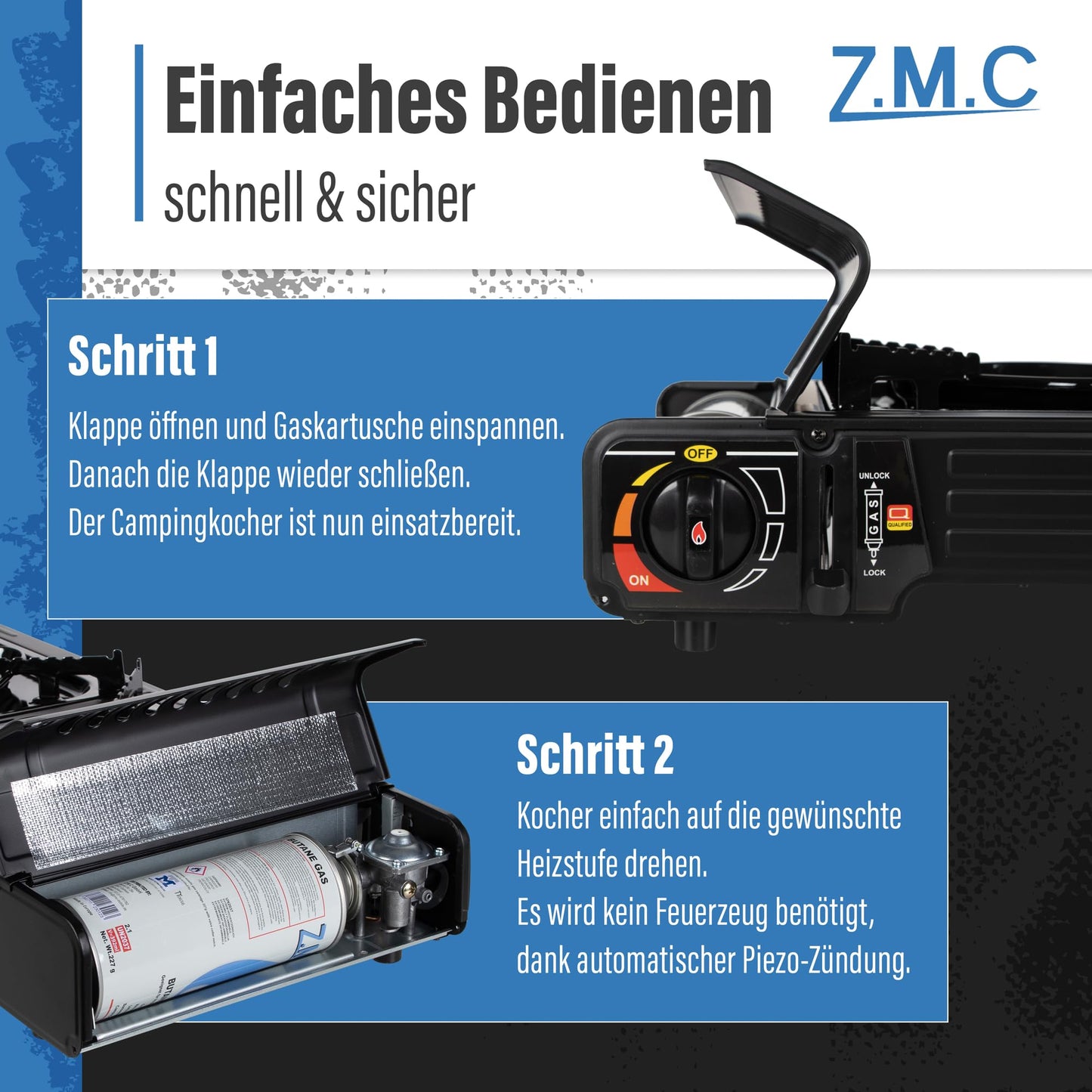 Z.M.C PREMIUM Camping Gaskocher 2-flammig + Grillplatte 45x24 cm + 8 Gaskartuschen 227g, Campingkocher mit Zündsicherung für Outdoor und Innenraum, Balkon Doppelgaskocher mit Piezozündung