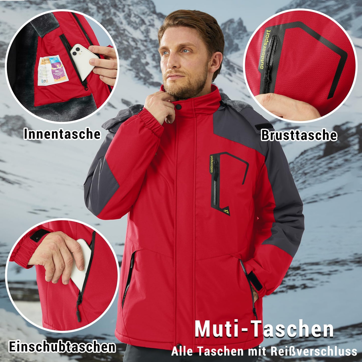 KEFITEVD Herren Skijacke Atmungsaktiv Warm Gefüttert Winterjacke mit Abnehmbarer Kapuze Snowboardjacke Wasserdicht Outdoorjacke