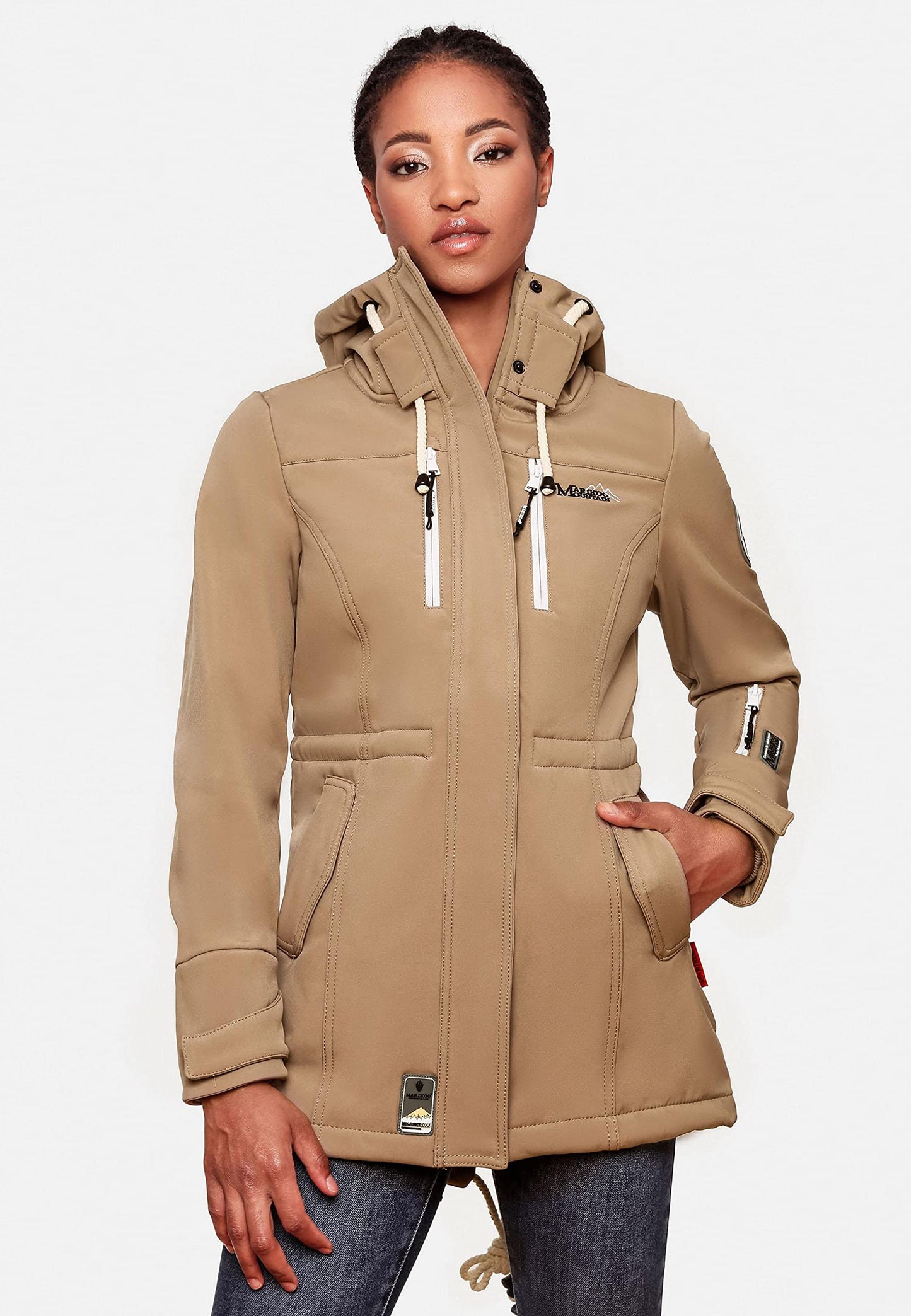 MARIKOO Damen Übergangsjacke Softshellmantel wasserdicht atmungsaktiv mit Kapuze Zimtzicke XS-3XL