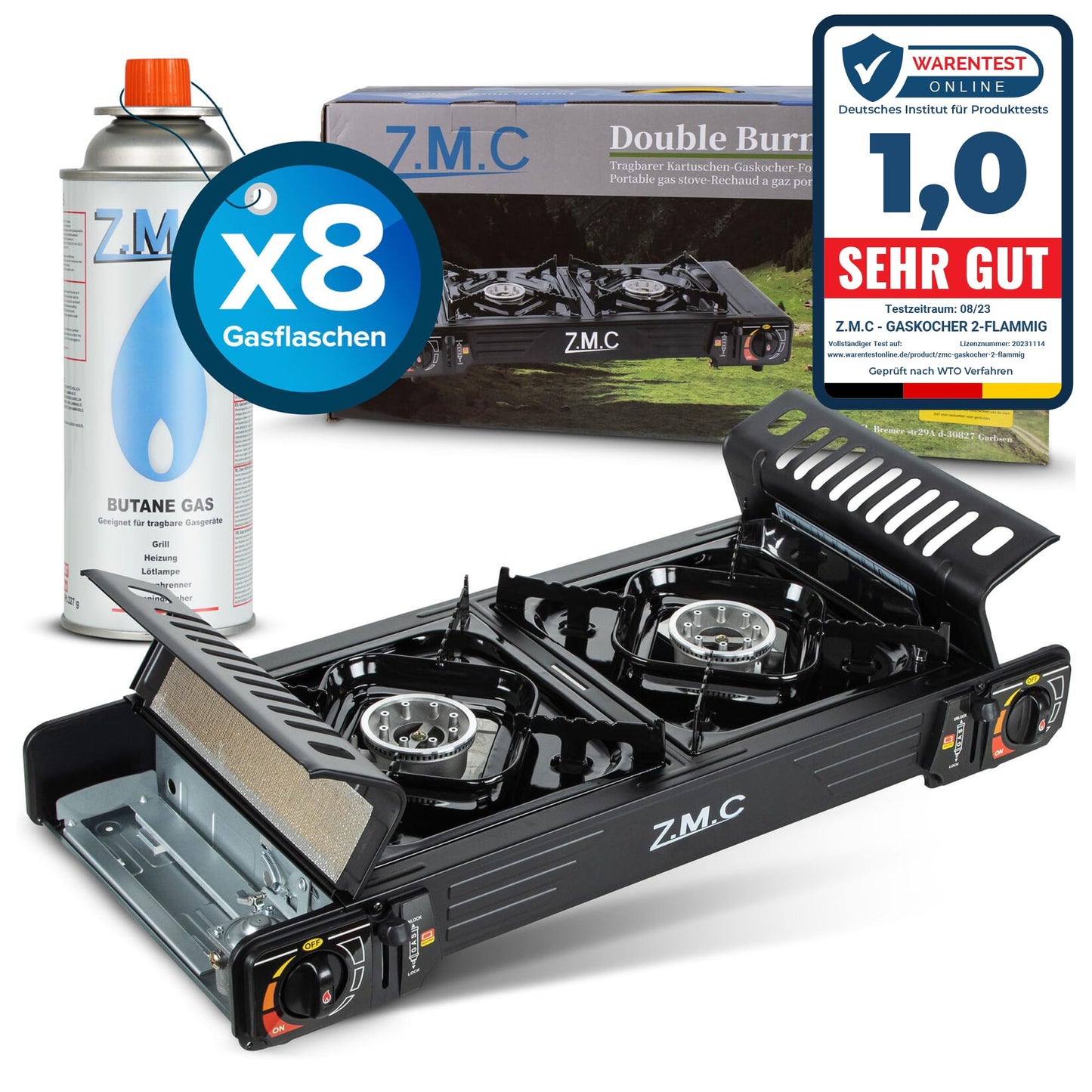 Z.M.C PREMIUM Camping Gaskocher 2-flammig + Grillplatte 45x24 cm + 8 Gaskartuschen 227g, Campingkocher mit Zündsicherung für Outdoor und Innenraum, Balkon Doppelgaskocher mit Piezozündung