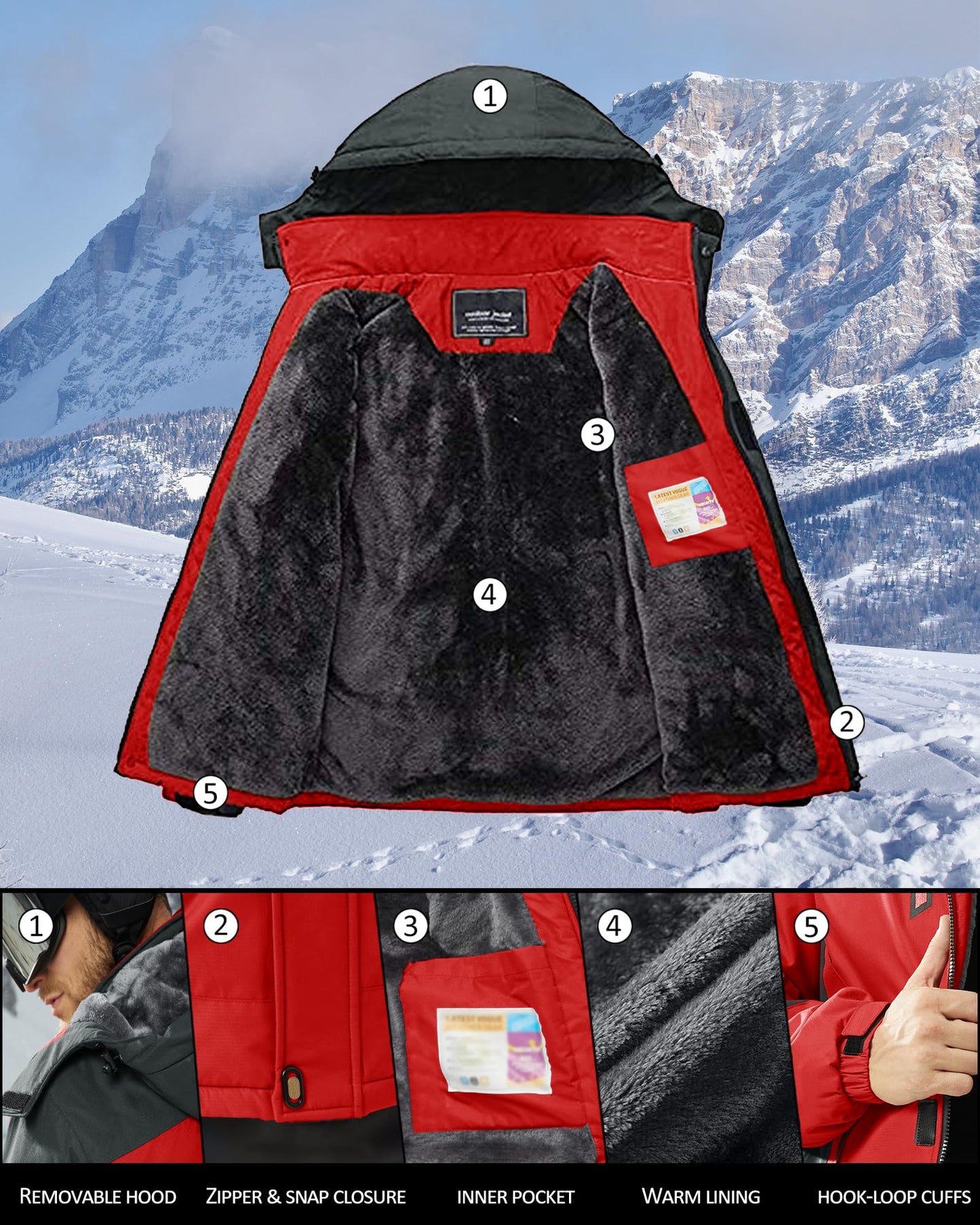 KEFITEVD Snowboardjacke Herren Warm Gefüttert Skijacke Wasserdicht Softshell Jacke mit Kapuze Fleece Winterjacke Atmungsaktiv Funktionsjacke