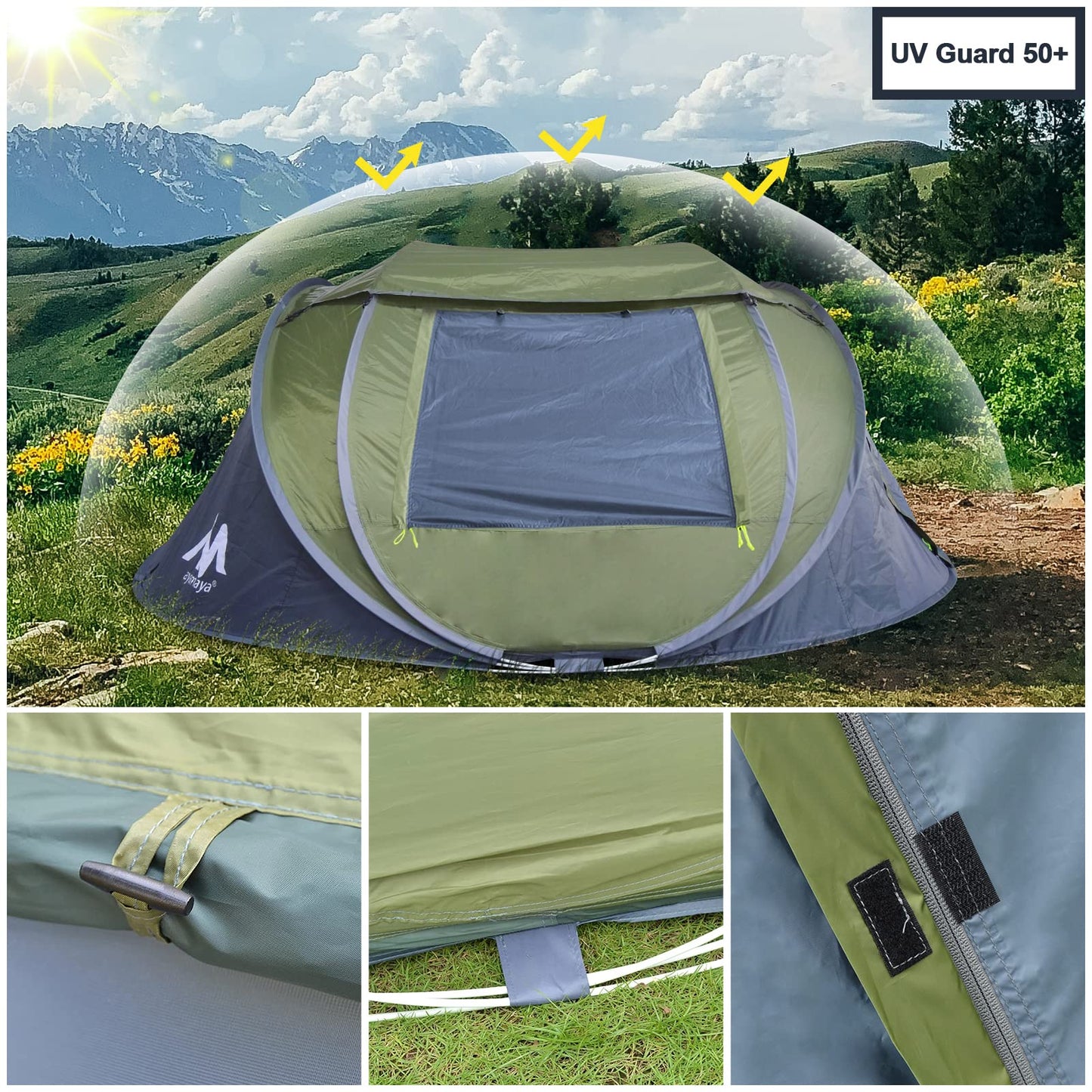 Zelt 3-4 Personen Pop Up Wurfzelt mit Große Dachfenster, Strandmuschel Automatik 4 Mann Zelte Wasserdicht Strandzelt Festivalzelt Schnellaufbauzelt für Outdoor Camping Picknick Wandern