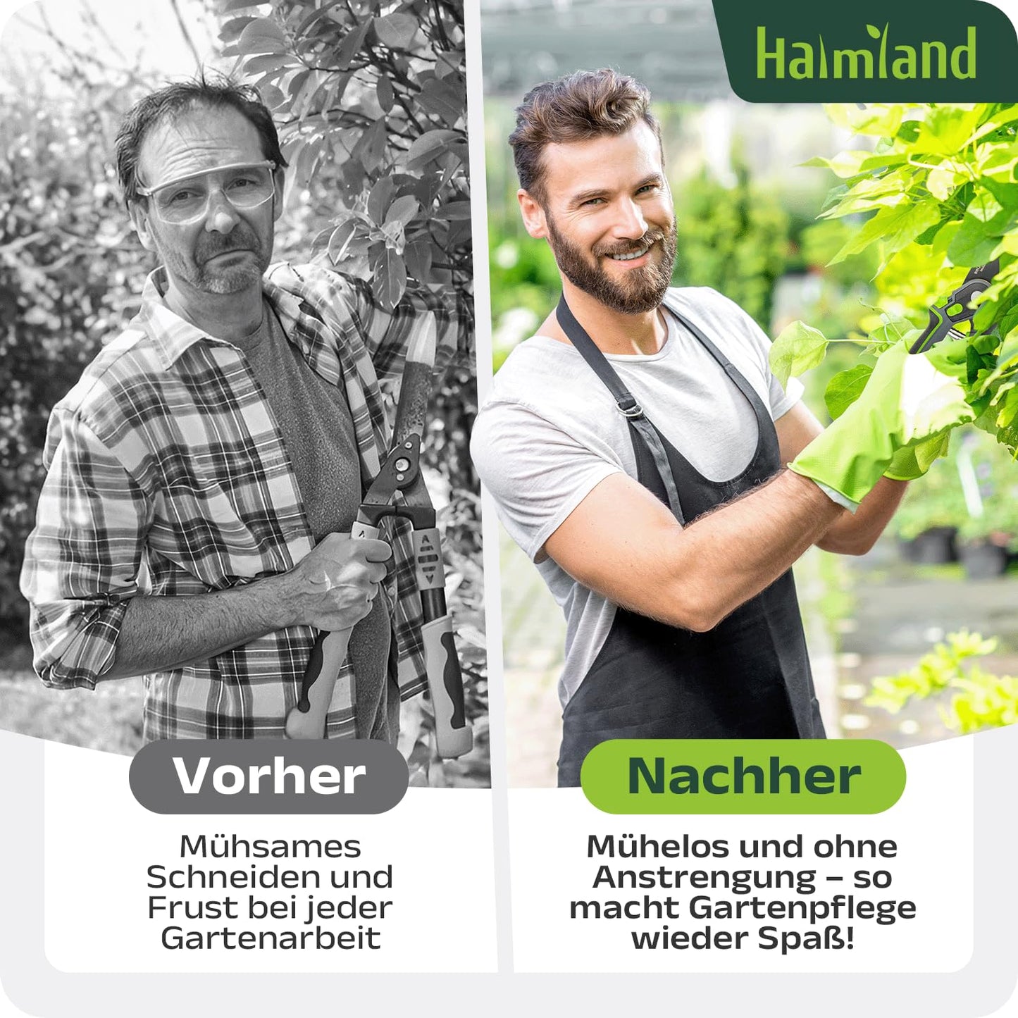 ELB halmland® Premium Gartenschere mit scharfer SK5 Stahlklinge | Astschere, Pflanzenschere | schneidet Äste bis 20mm Durchmesser | Teflon-Antihaftbeschichtung | für große & kleine Hände | Grün