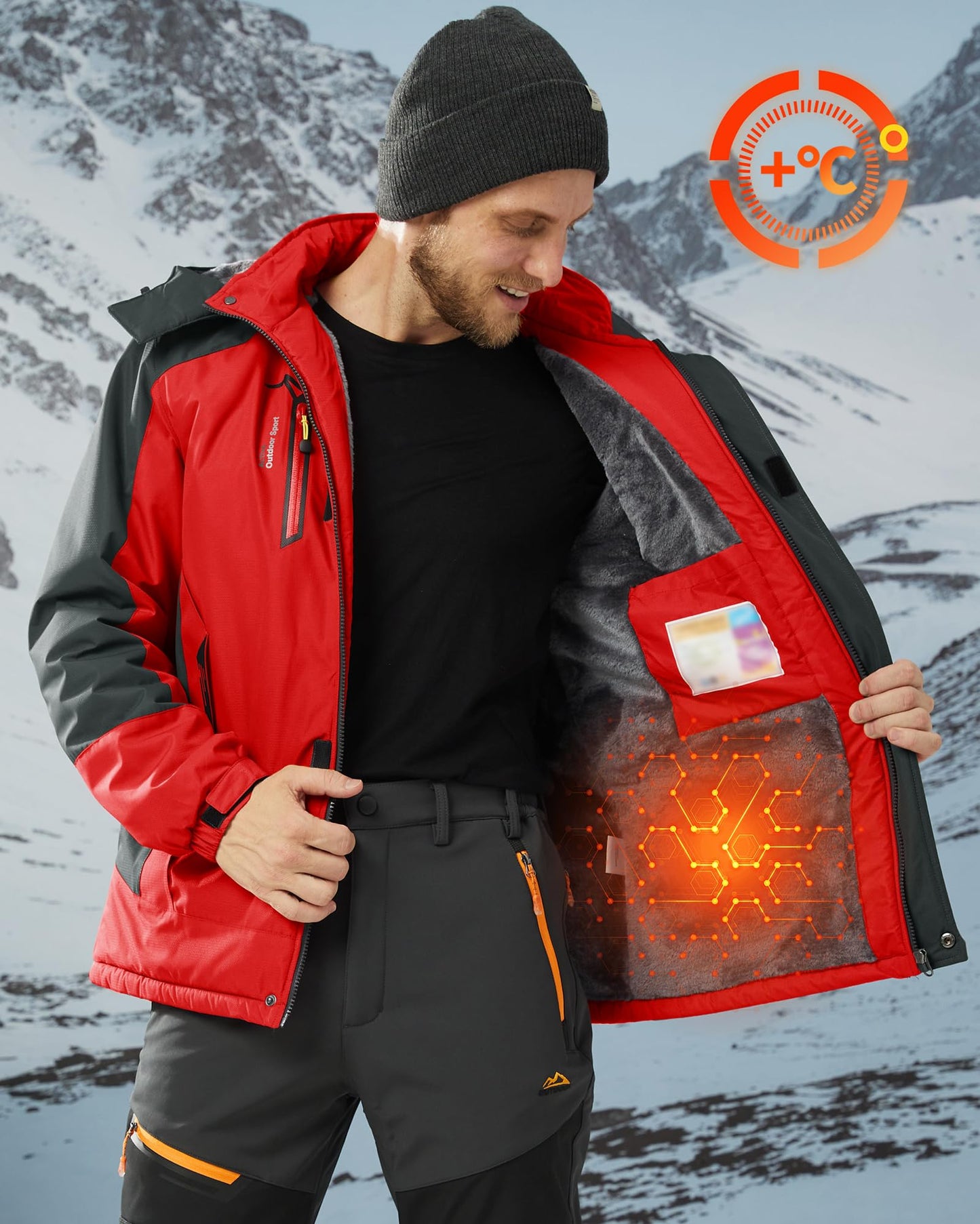 KEFITEVD Snowboardjacke Herren Warm Gefüttert Skijacke Wasserdicht Softshell Jacke mit Kapuze Fleece Winterjacke Atmungsaktiv Funktionsjacke