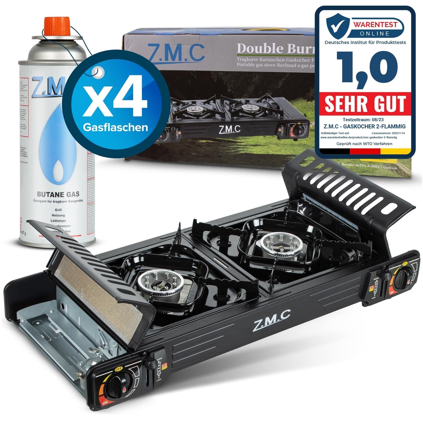 Z.M.C PREMIUM Camping Gaskocher 2-flammig + Grillplatte 45x24 cm + 8 Gaskartuschen 227g, Campingkocher mit Zündsicherung für Outdoor und Innenraum, Balkon Doppelgaskocher mit Piezozündung