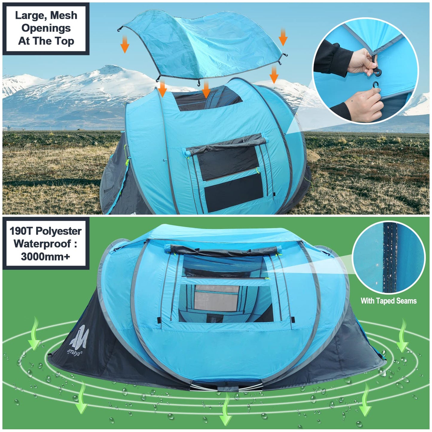 Zelt 3-4 Personen Pop Up Wurfzelt mit Große Dachfenster, Strandmuschel Automatik 4 Mann Zelte Wasserdicht Strandzelt Festivalzelt Schnellaufbauzelt für Outdoor Camping Picknick Wandern