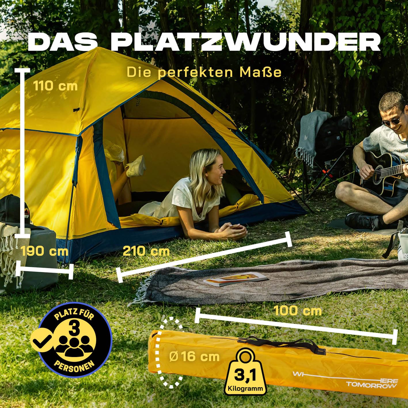 Lumaland Camping Zelt | Leichtes Pop Up Wurfzelt | 2-3 Personen Kuppelzelt | Trekking & Festival Igluzelt | Sekundenzelt Wasserdicht 210x190x110cm | Wind- & Sonnenschutz | Mit 1 & 2 Eingängen