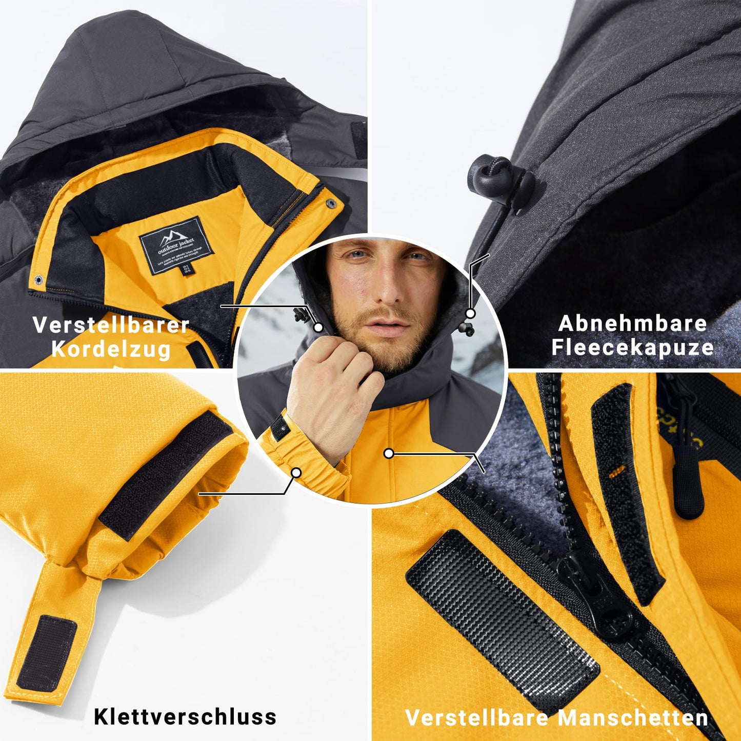 KEFITEVD Herren Skijacke Atmungsaktiv Warm Gefüttert Winterjacke mit Abnehmbarer Kapuze Snowboardjacke Wasserdicht Outdoorjacke