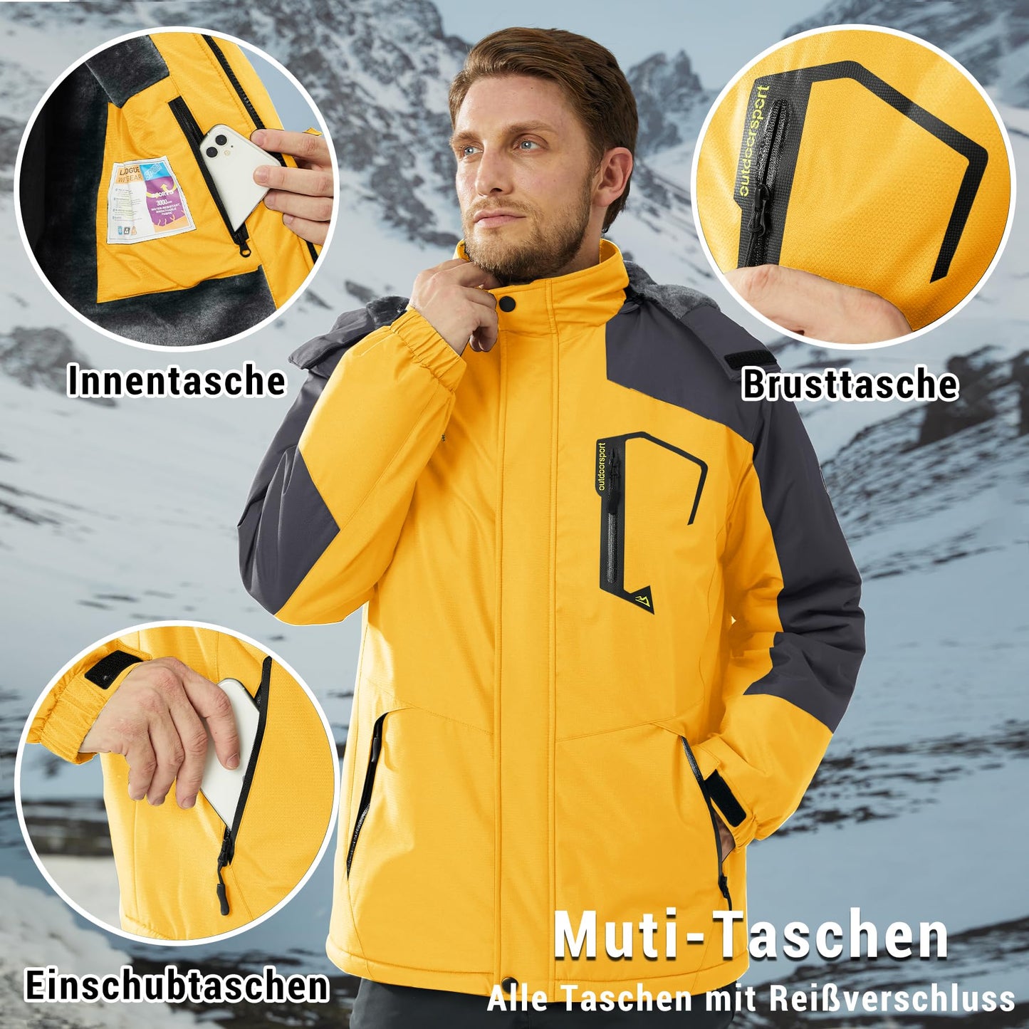 KEFITEVD Herren Skijacke Atmungsaktiv Warm Gefüttert Winterjacke mit Abnehmbarer Kapuze Snowboardjacke Wasserdicht Outdoorjacke