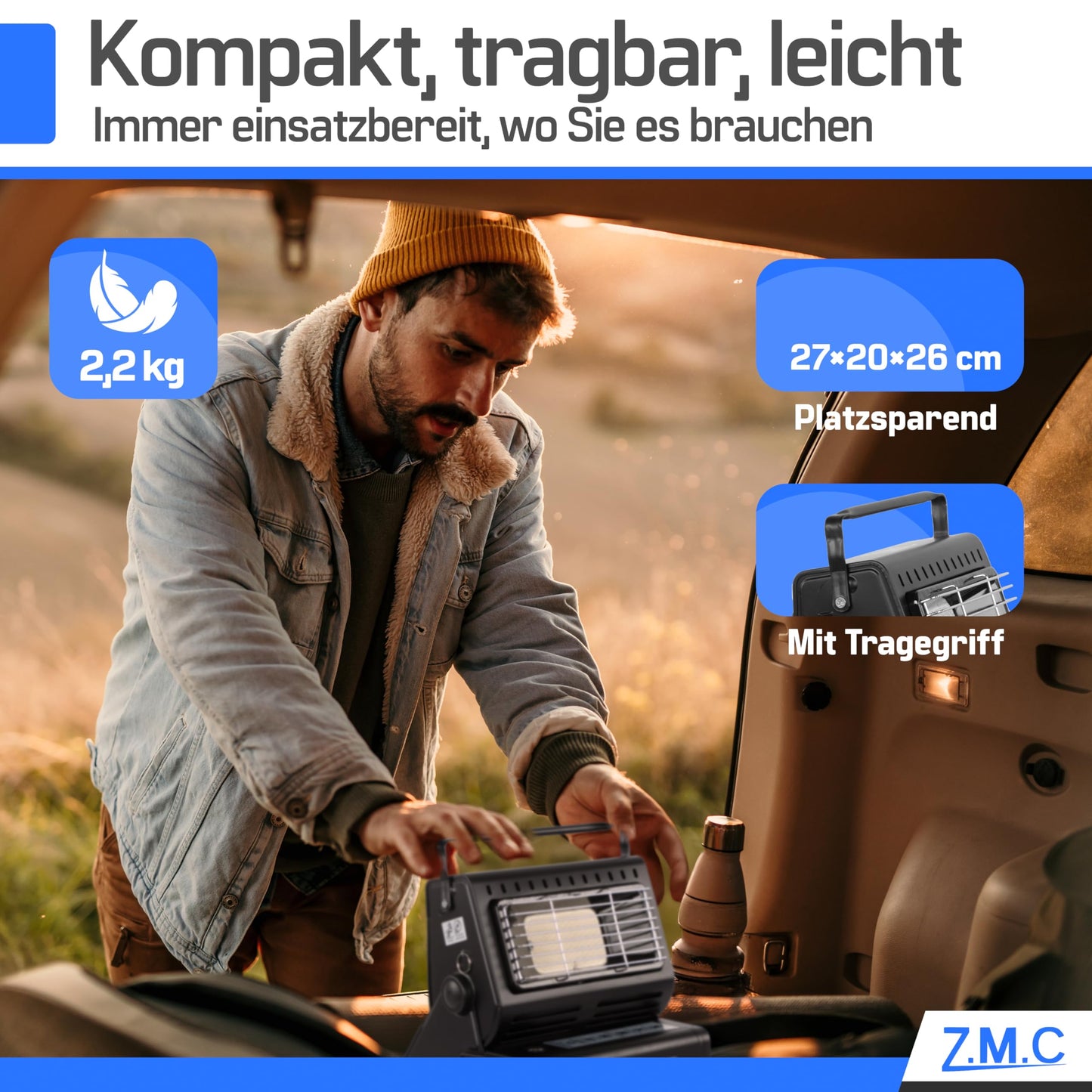Z.M.C 2-in-1 Tragbare Keramik Gasheizung und Gaskocher 1,3 kW, mit LPG Anschluss + 4 Gaskartuschen, Campingkocher mit Piezozündung, Camping Heizung, Gasheizer für Indoor, Outdoor, Zelten Wohnwagen