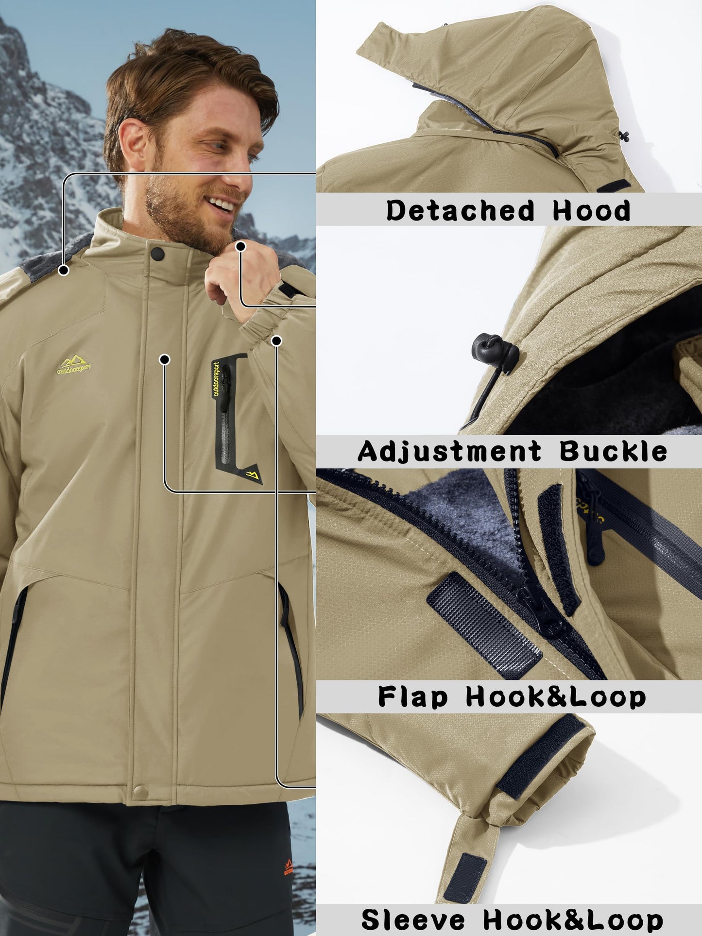 KEFITEVD Herren Skijacke Atmungsaktiv Warm Gefüttert Winterjacke mit Abnehmbarer Kapuze Snowboardjacke Wasserdicht Outdoorjacke
