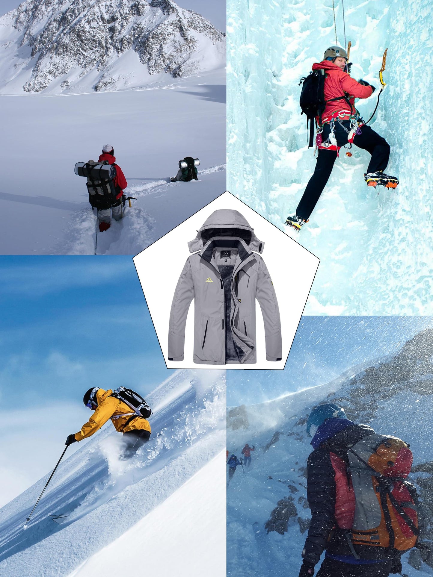 KEFITEVD Herren Skijacke Atmungsaktiv Warm Gefüttert Winterjacke mit Abnehmbarer Kapuze Snowboardjacke Wasserdicht Outdoorjacke