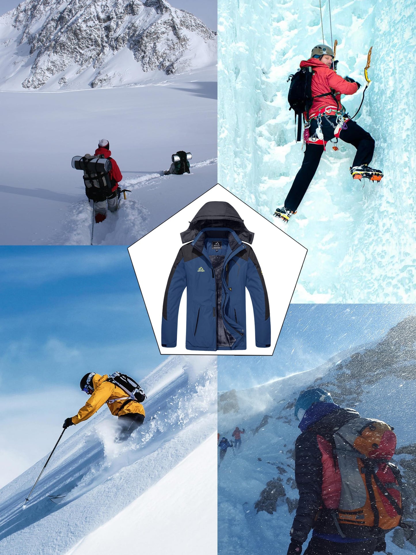 KEFITEVD Herren Skijacke Atmungsaktiv Warm Gefüttert Winterjacke mit Abnehmbarer Kapuze Snowboardjacke Wasserdicht Outdoorjacke