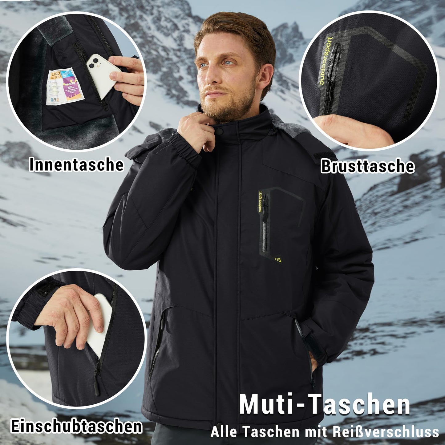KEFITEVD Herren Skijacke Atmungsaktiv Warm Gefüttert Winterjacke mit Abnehmbarer Kapuze Snowboardjacke Wasserdicht Outdoorjacke