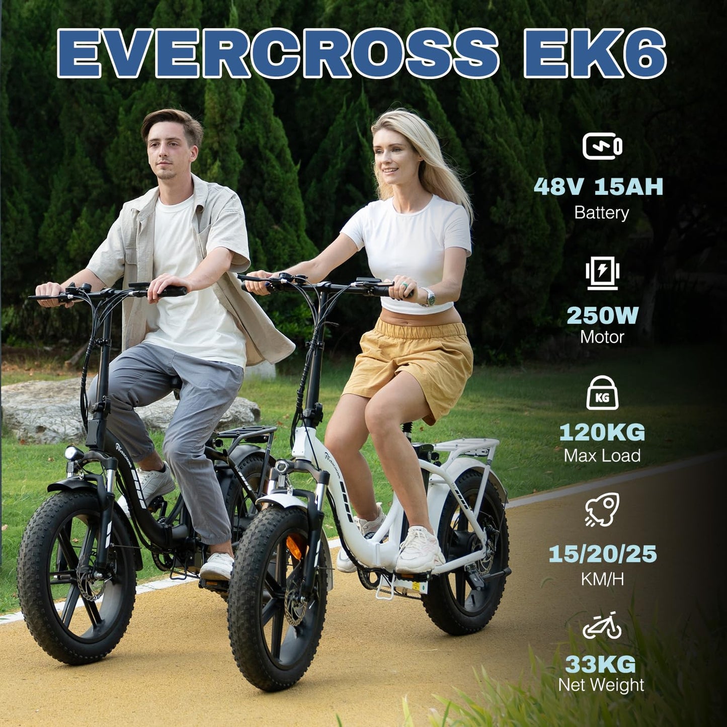 ELB- EVERCROSS EK6 Elektrofahrräder Erwachsene, faltbares E-Bike mit 20" x 4,0 Breiten Reifen, E Bike Mountainbike mit 7 Gang Getriebe, 48V 15AH Akku, 250W Motor, 33,2kg Gewicht, Doppelstoßdämpfern