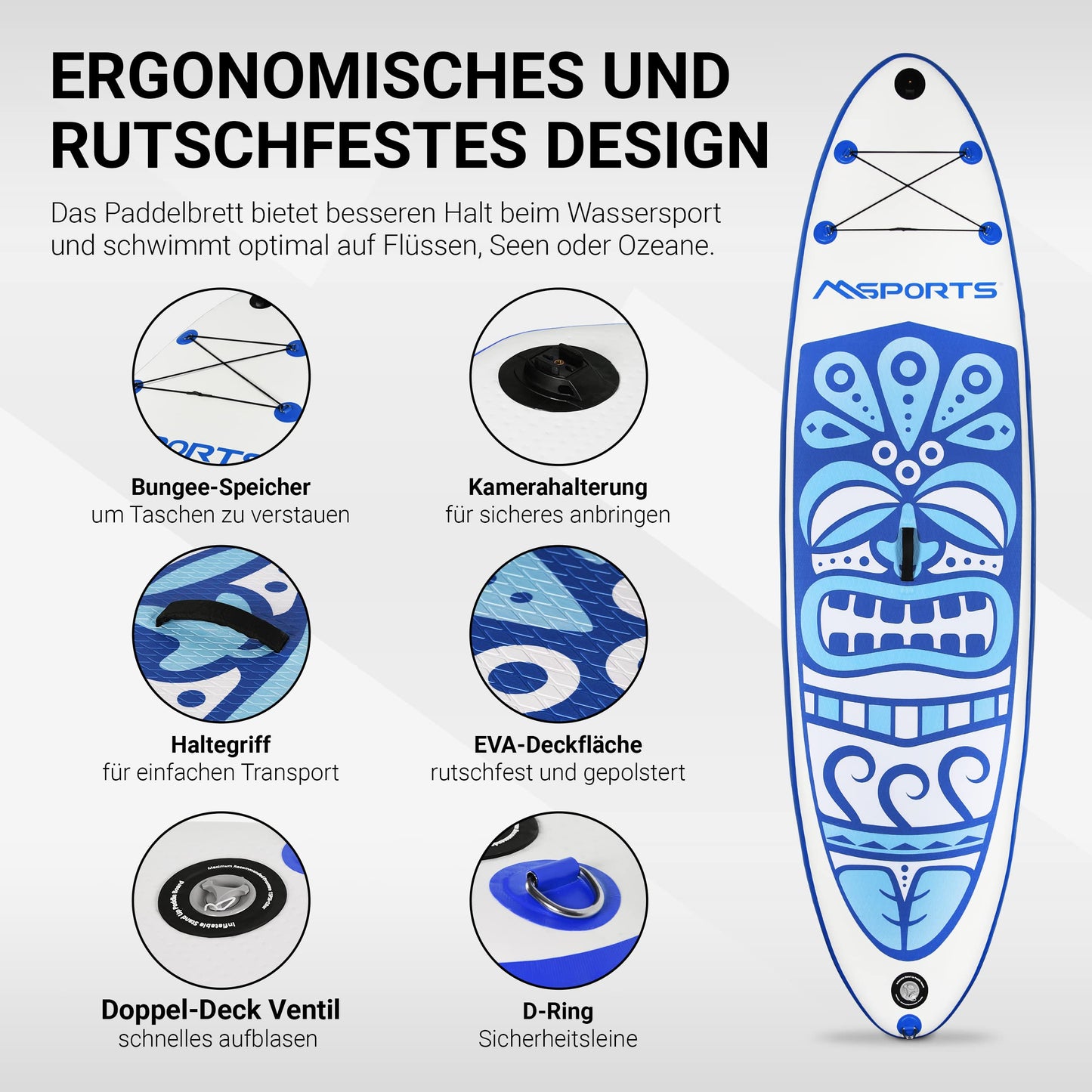 MSPORTS Stand Up Paddle Board Aufblasbar Komplettes Paddleboard Zubehör Verstellbares Paddel, hochwertige Pumpe + 2X Paddelstock + wasserdichte Smartphone Tasche + Multifunktionstasche