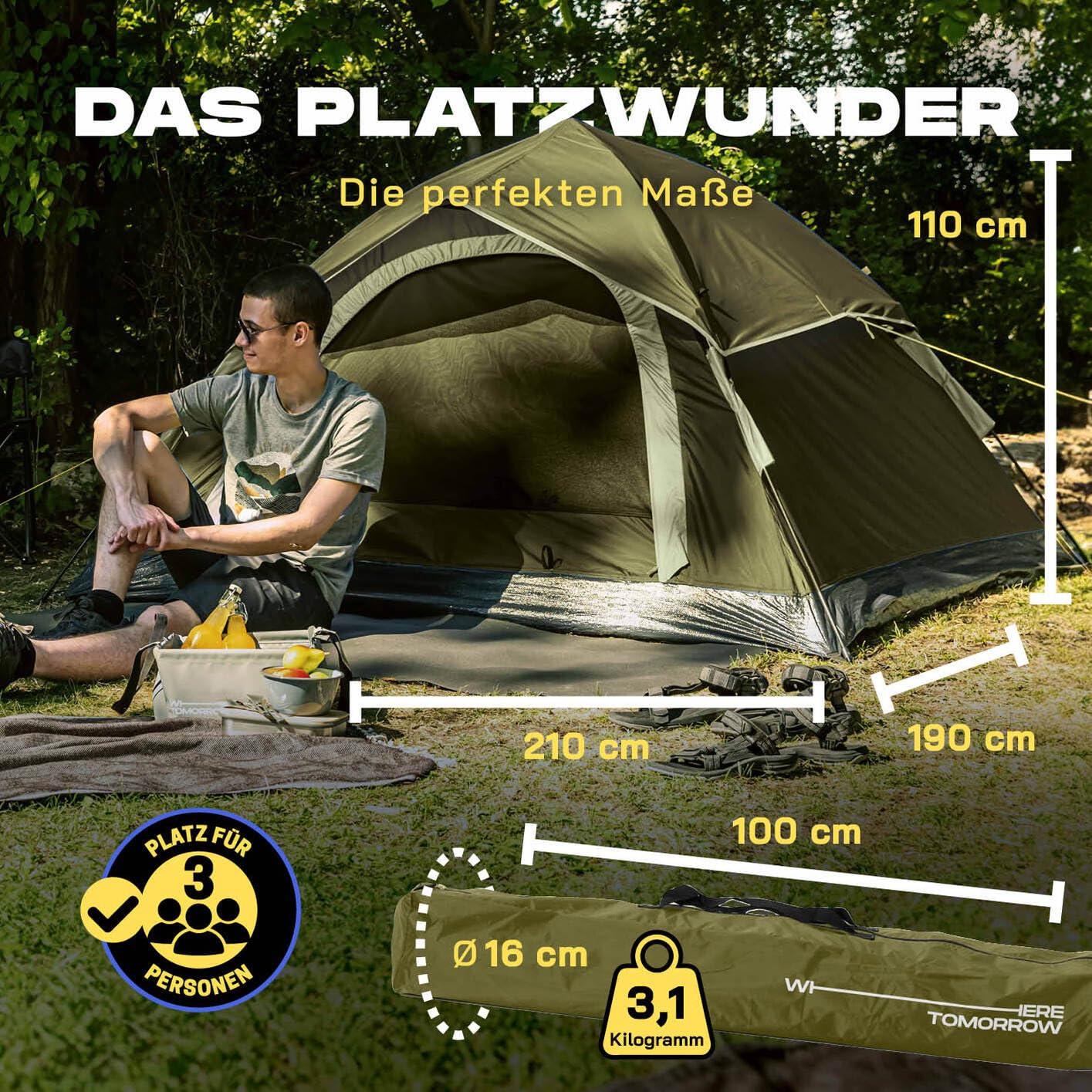 Lumaland Camping Zelt | Leichtes Pop Up Wurfzelt | 2-3 Personen Kuppelzelt | Trekking & Festival Igluzelt | Sekundenzelt Wasserdicht 210x190x110cm | Wind- & Sonnenschutz | Mit 1 & 2 Eingängen
