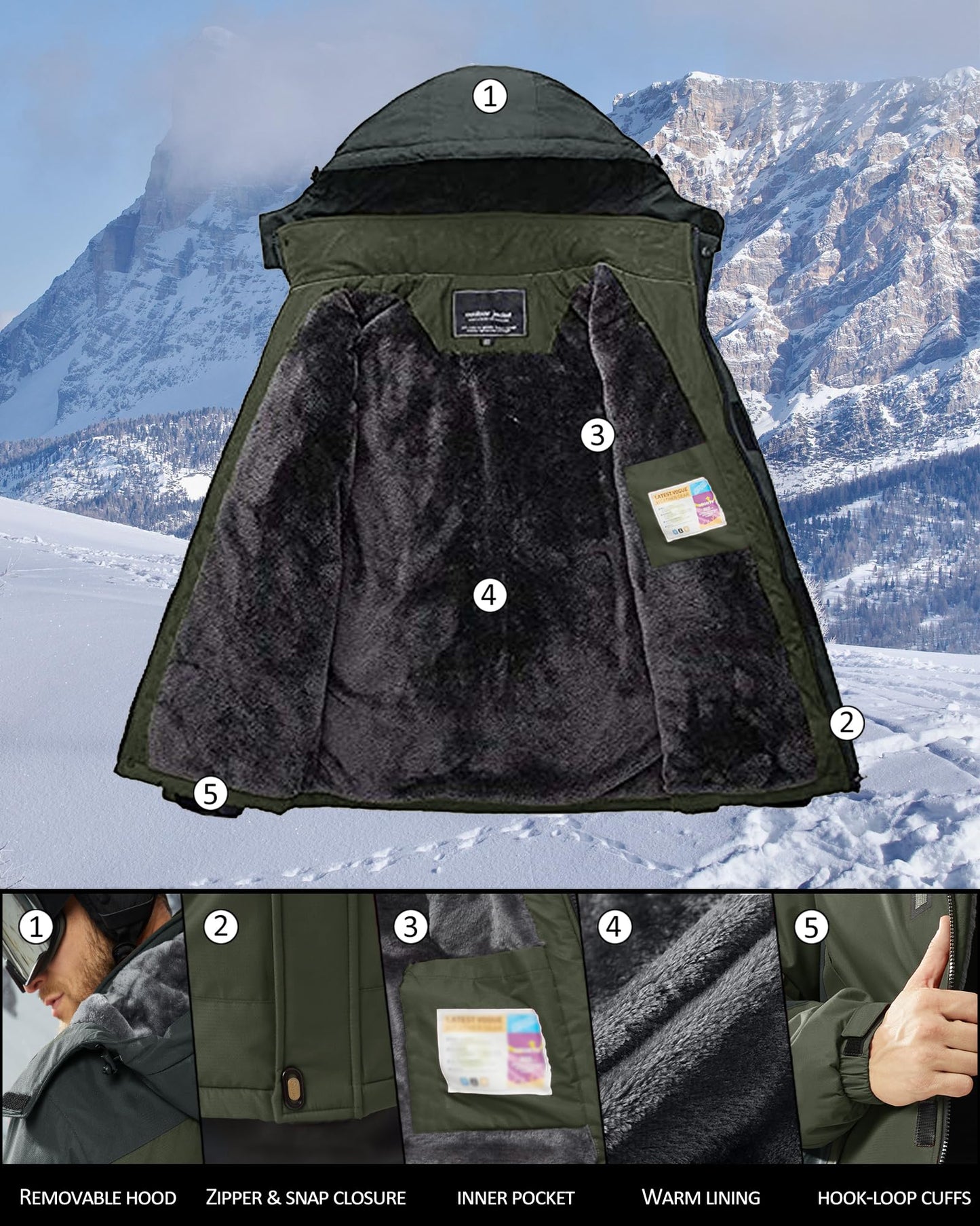 KEFITEVD Snowboardjacke Herren Warm Gefüttert Skijacke Wasserdicht Softshell Jacke mit Kapuze Fleece Winterjacke Atmungsaktiv Funktionsjacke