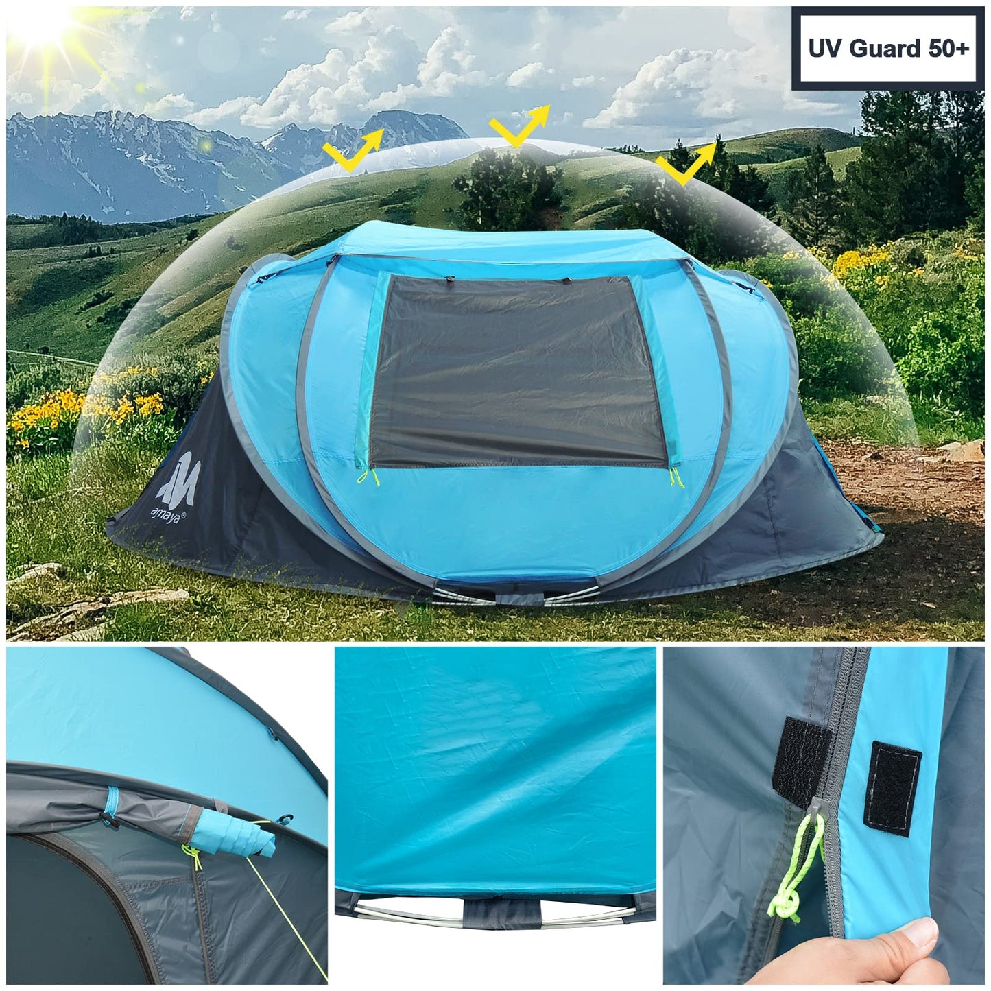 Zelt 3-4 Personen Pop Up Wurfzelt mit Große Dachfenster, Strandmuschel Automatik 4 Mann Zelte Wasserdicht Strandzelt Festivalzelt Schnellaufbauzelt für Outdoor Camping Picknick Wandern