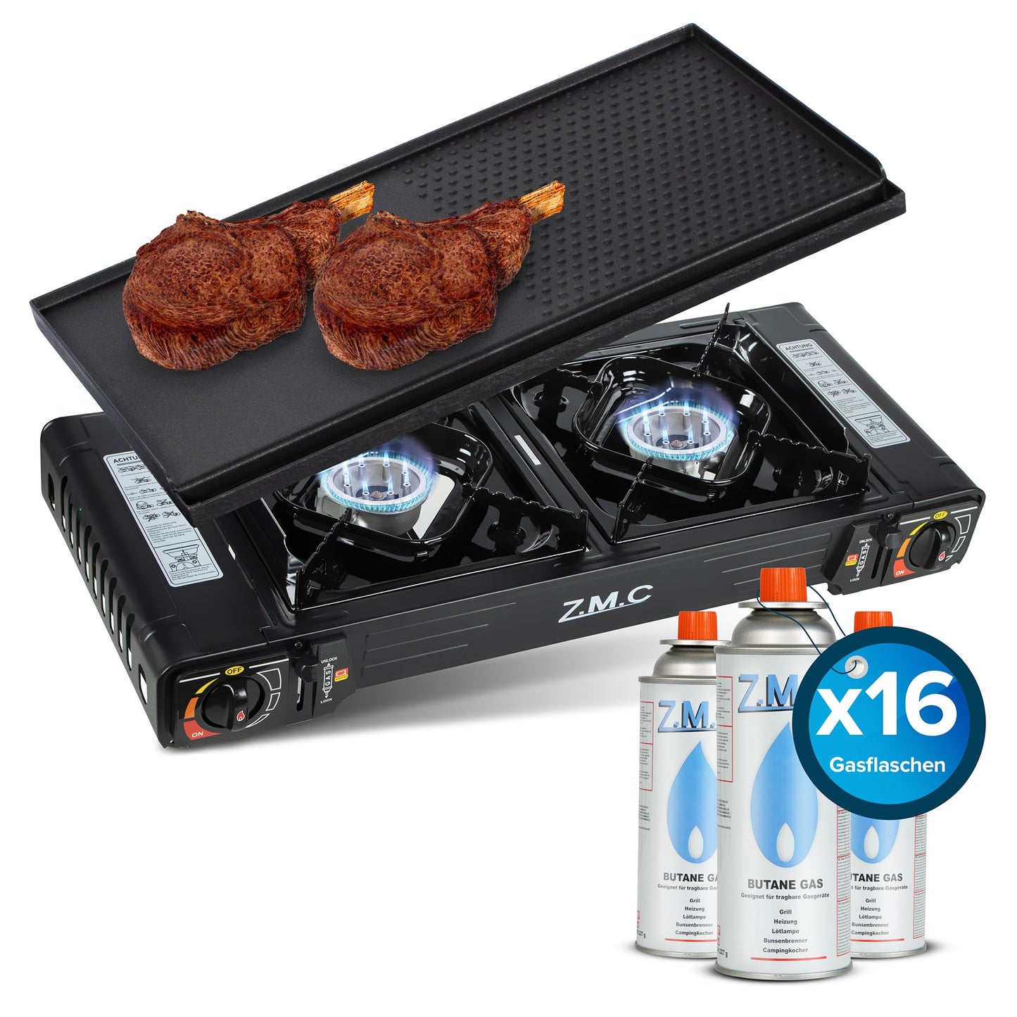 Z.M.C PREMIUM Camping Gaskocher 2-flammig + Grillplatte 45x24 cm + 8 Gaskartuschen 227g, Campingkocher mit Zündsicherung für Outdoor und Innenraum, Balkon Doppelgaskocher mit Piezozündung